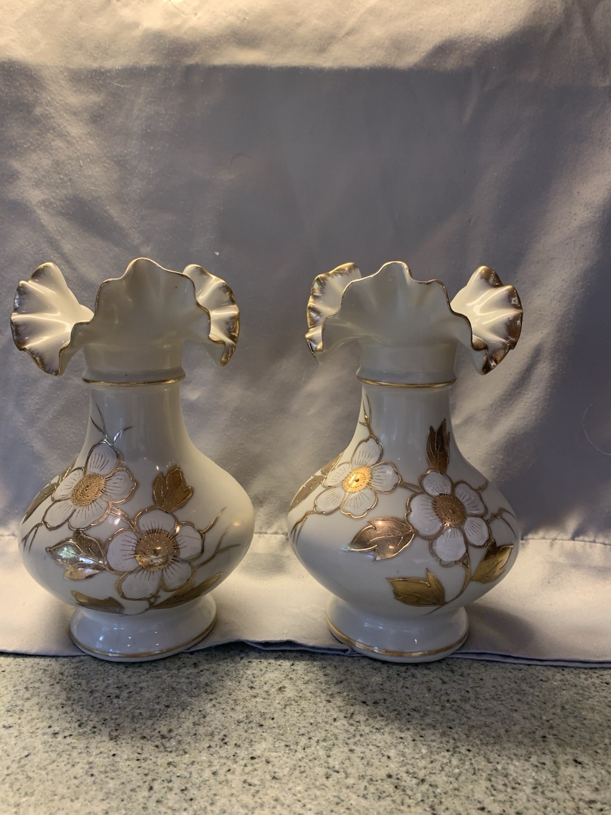 Two Vintage Arnart Japan Made Porcelain Gold And Cream Ruffled Vases 7 1/2 In.