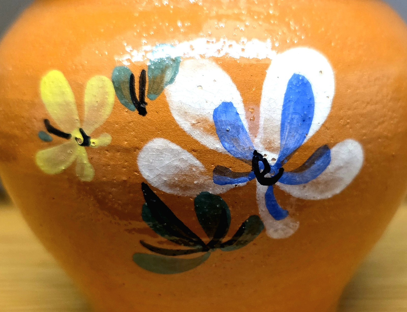 Glazed Redware Vase Pot Hand Made & Painted Flower & Butterfly Signed 4″T