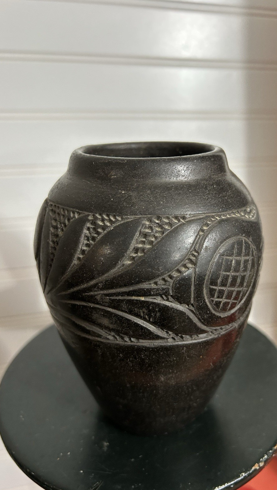 Vintage Marginea Romanian Blackware Ornate Pottery Vase 7.25 inch Rustic black