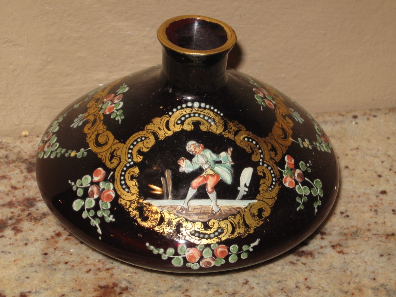 Antique Red Glass Moser Style Bohemian Hand Painted Vase- Raised Panel- Gold