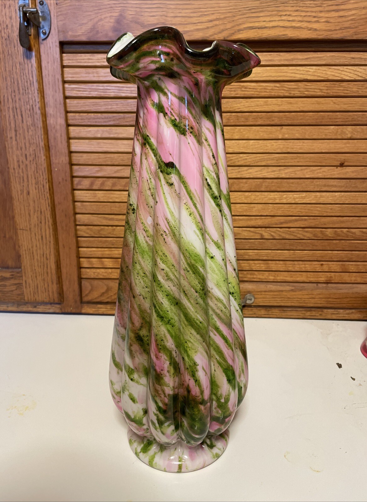 FENTON Vasa Murrhina Large Vase Rose with Aventurine Green, Vintage 14.5 Inches