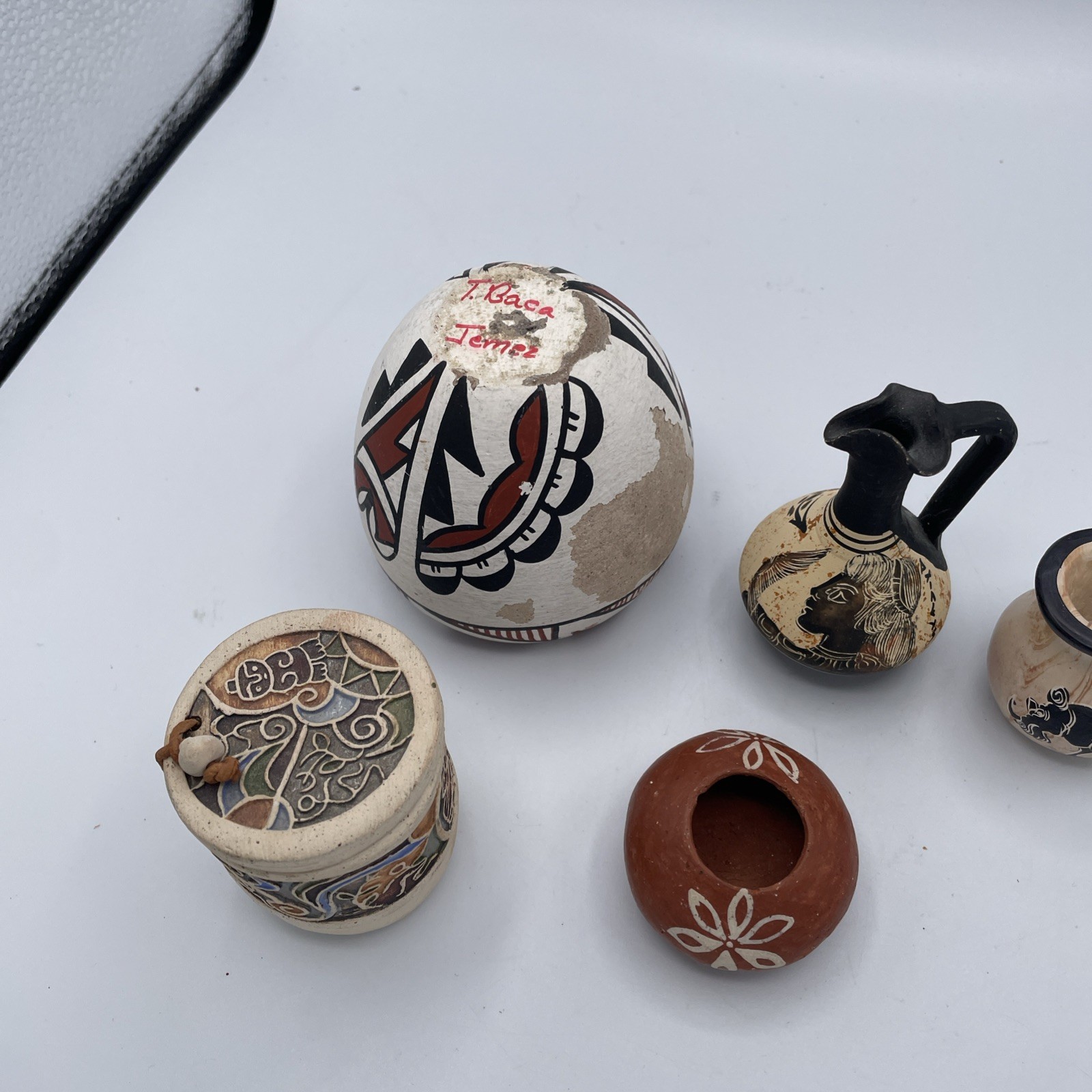 Lot Five some Signed southwestern Pottery Miniatures Jimenez, Bell decorative