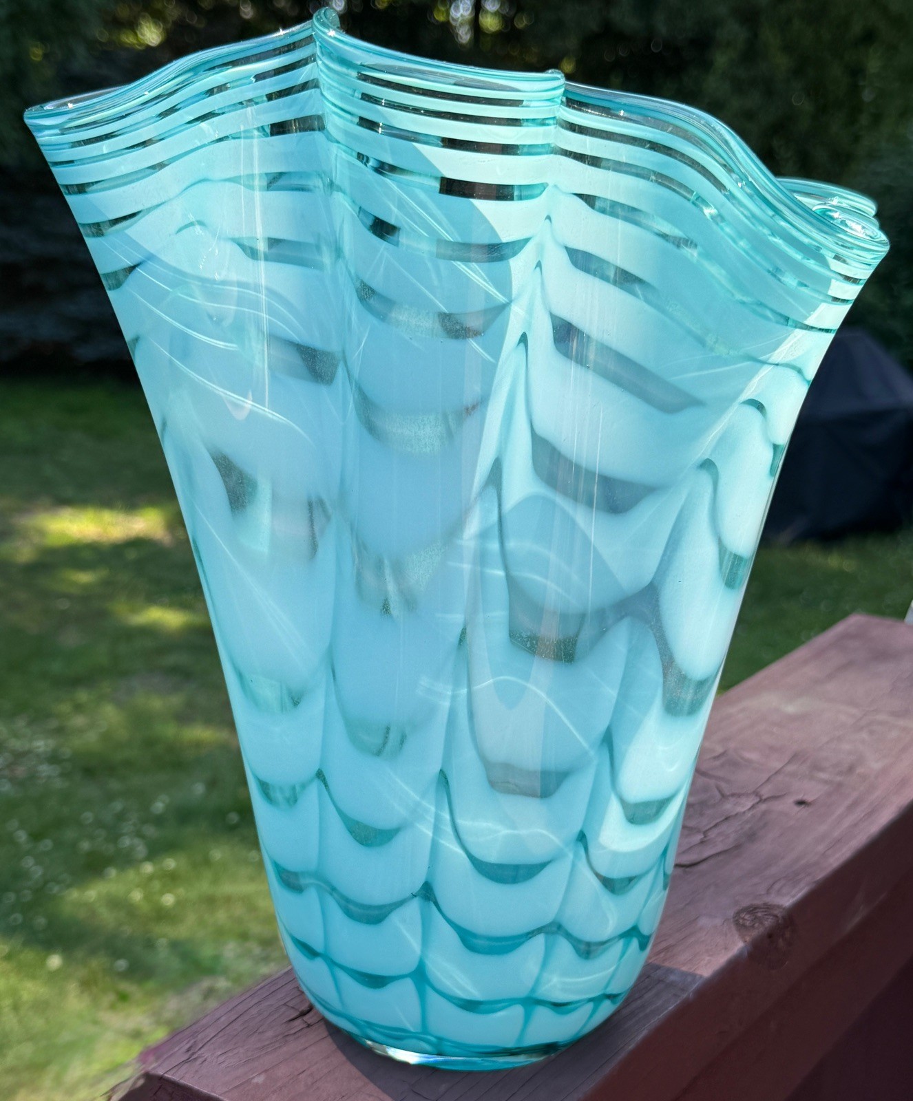 Royal Gallery Turquoise Hand Blown Opalescent Art Glass Handkerchief Vase Poland
