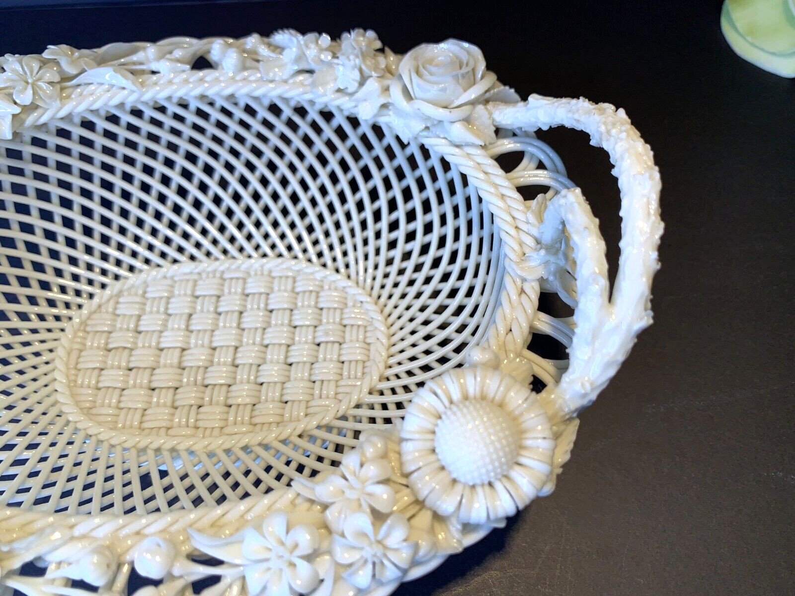 Belleek Floral Ornate 3-Strand Oval Basket w/Handles 1st Period 1860s Made