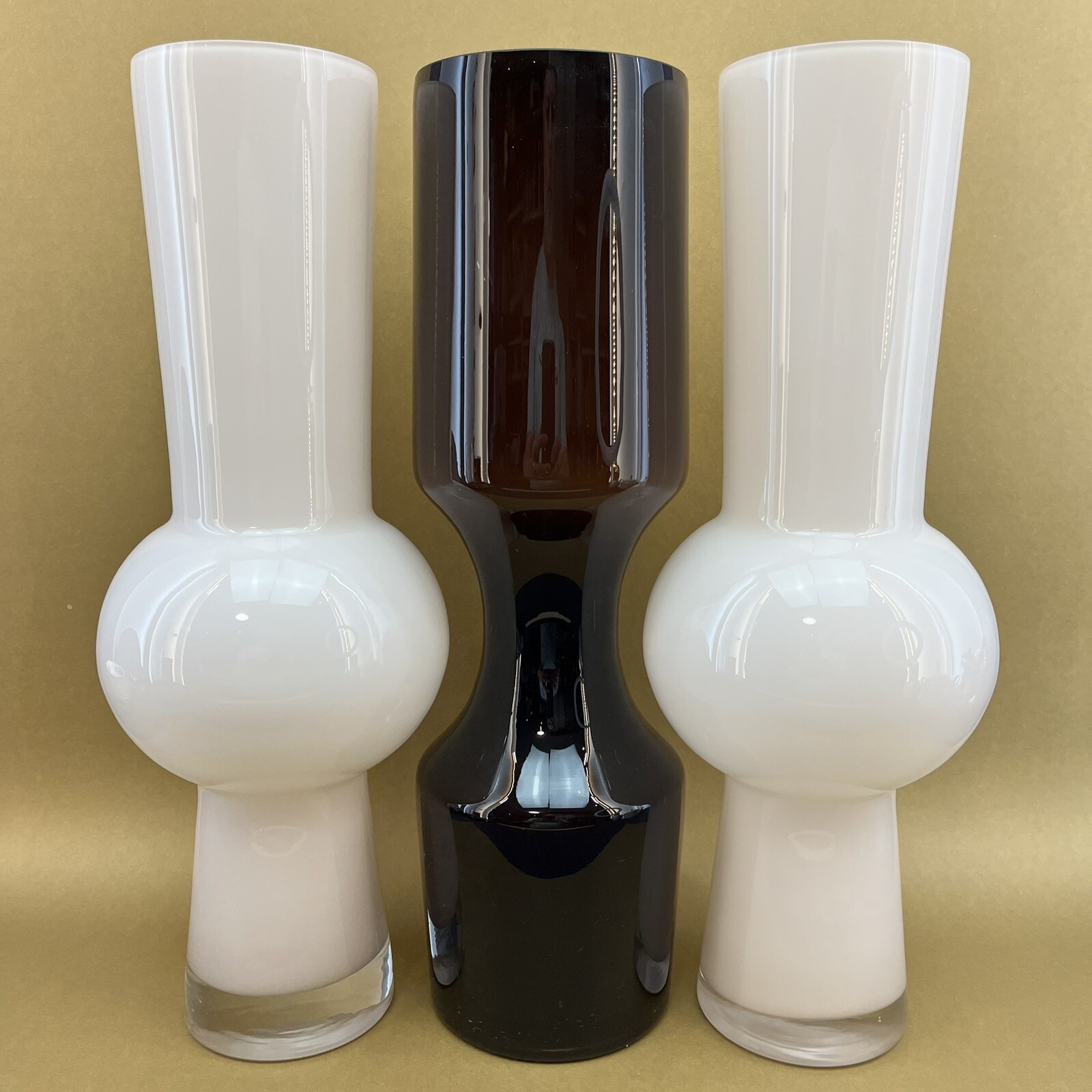 ONE White Modernist 14” Cased Glass Vase Danish Modern Scandinavian Style Hooped
