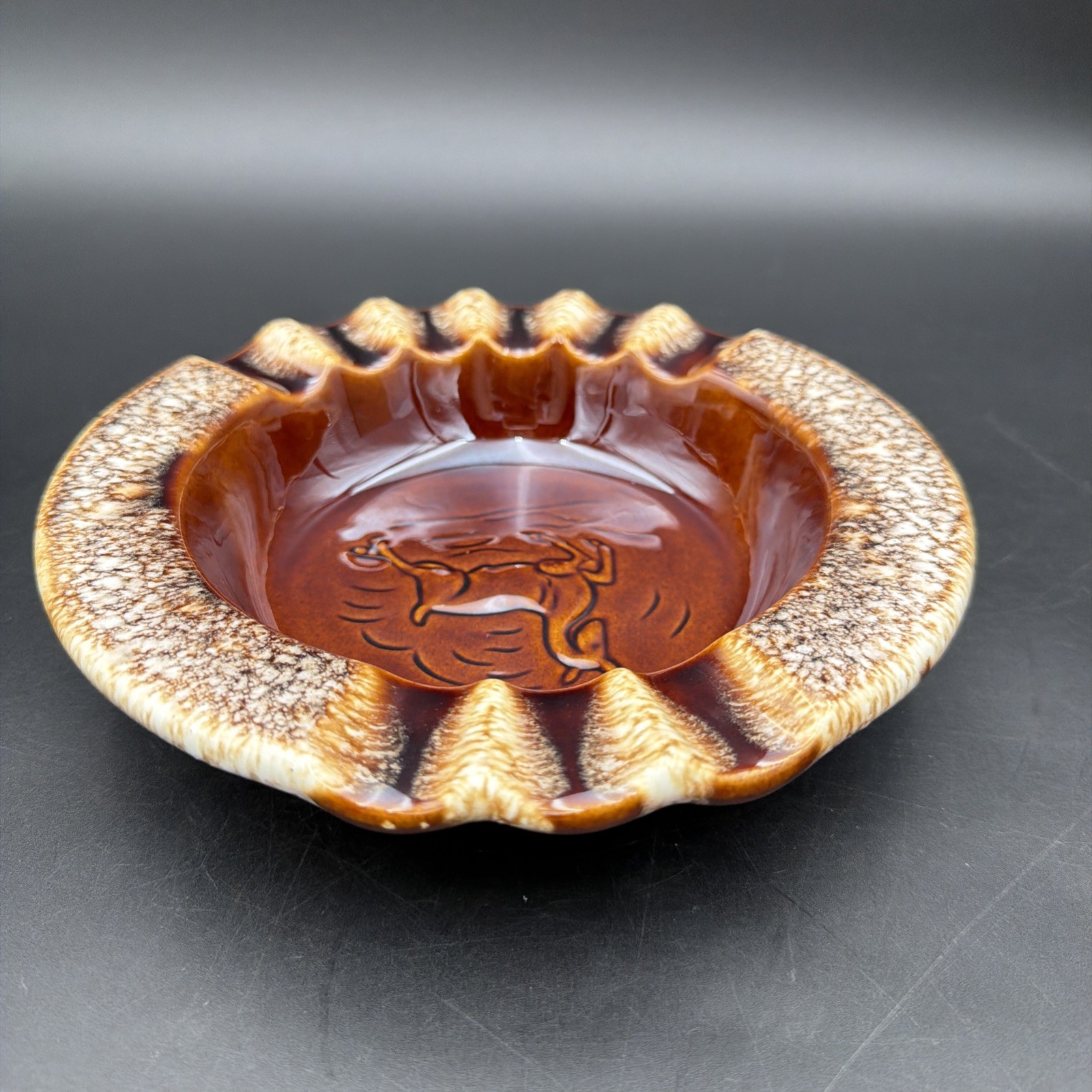 Hull USA Brown Drip Glaze Pottery Ashtray VTG Trinket Dish Leaping Deer 8″ -A