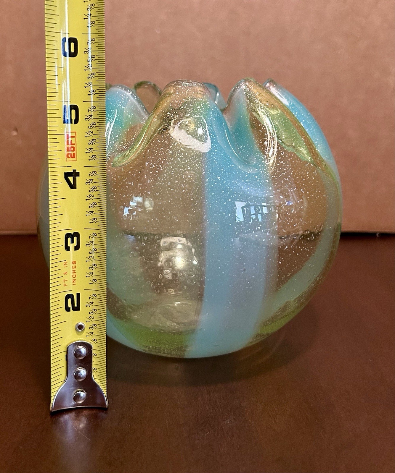 Vintage Art Glass Rose Bowl W/ Silver Mica Fleck, Crimped Bowl, Pontilled