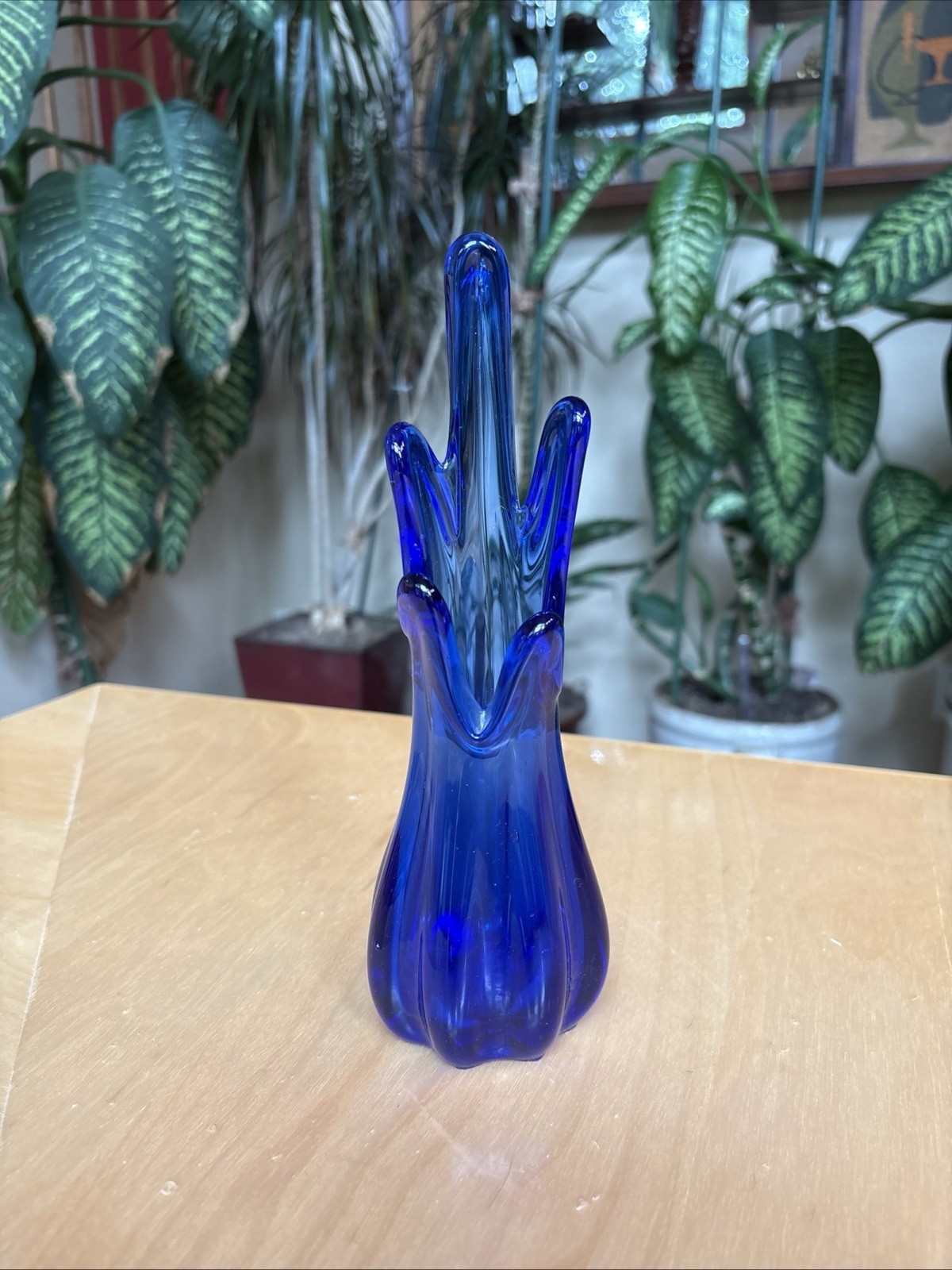 Vintage Five Finger Cobalt Blue Swung Vase Art Glass 8″ MCM
