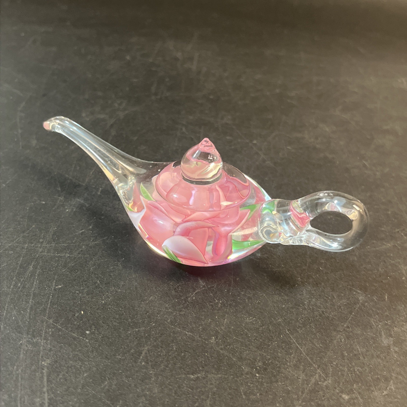 Vtg Aladdin Dynasty Gallery Pink Rose Blown Glass Genie Lamp Paperweight 6″