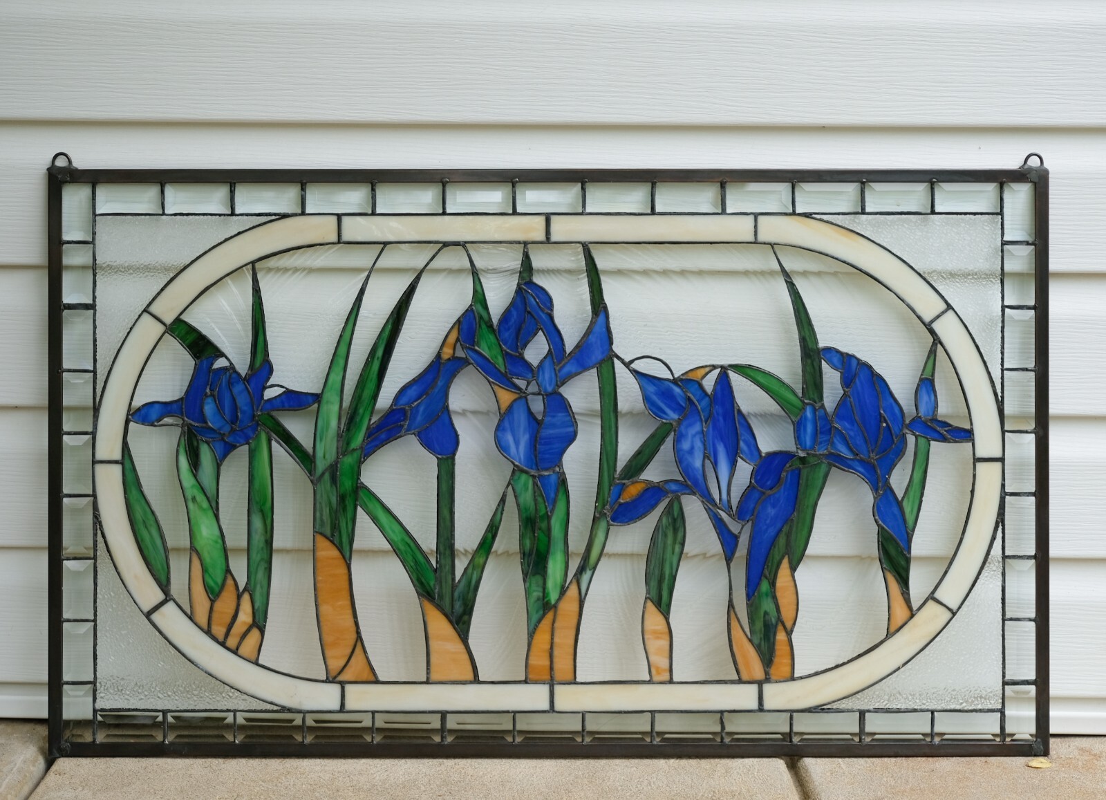 34.25″L x 20″H Handcrafted stained glass window panel Iris Flowers