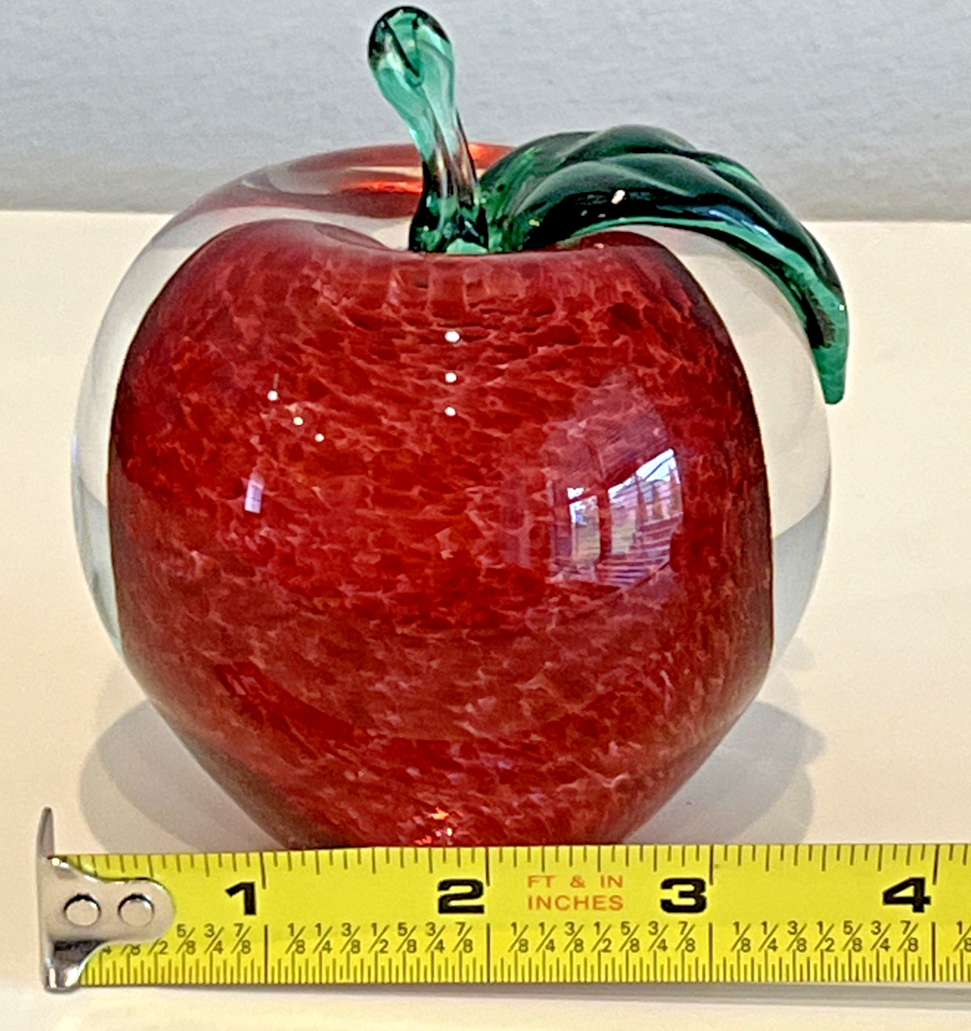 Red Art Glass Apple Paperweight with Green Leaf and Stem 4.5″ Tall – Heavy