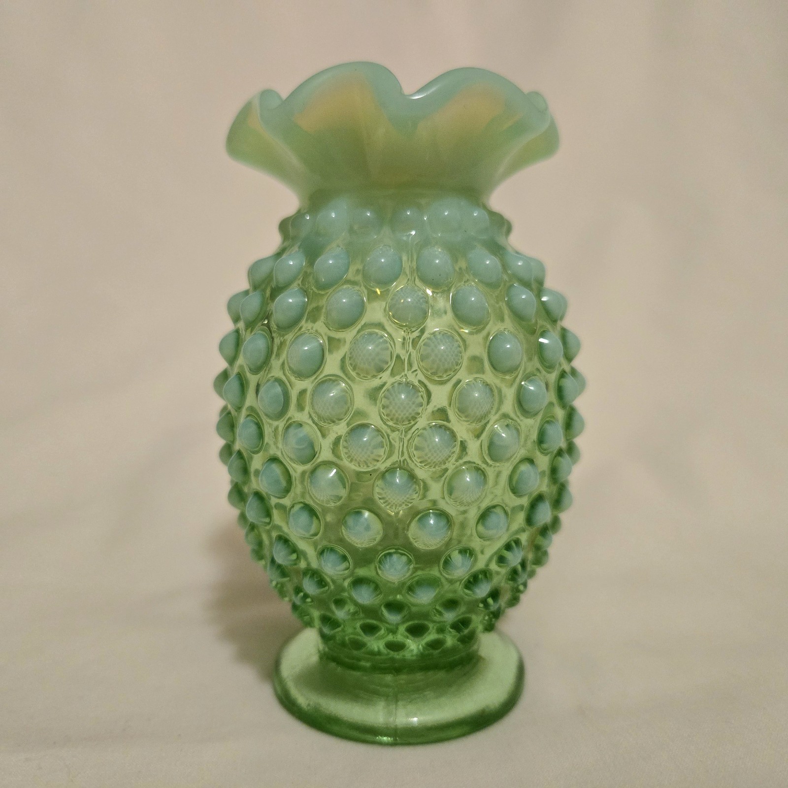 Art Glass Hobnail Vaseline Uranium Flower Bud Vase Opalescent Topaz Fenton Vtg