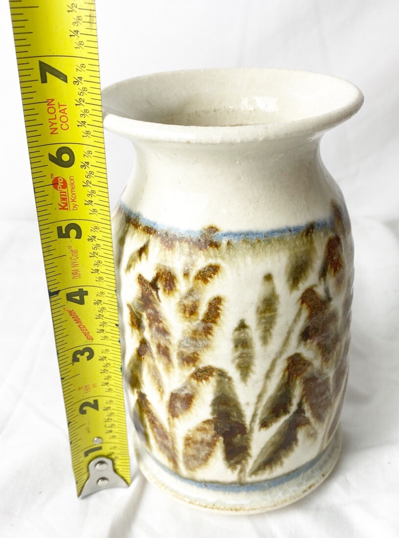Stoneware Vase Blue Brown Cream 6 1/2 In Tall Wheat Design No Chips/cracks GUC
