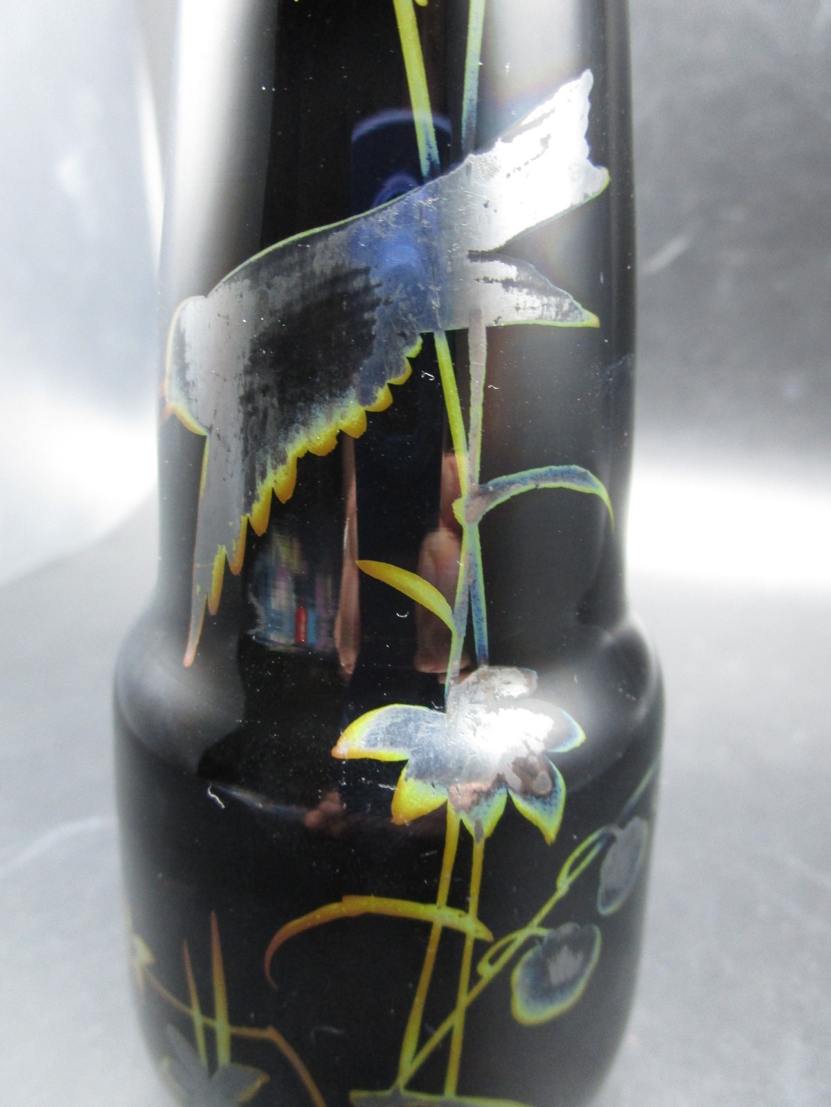 Czechoslovakian Black Glass Vase With Hand Painted Silver & Gold Overlay-worn