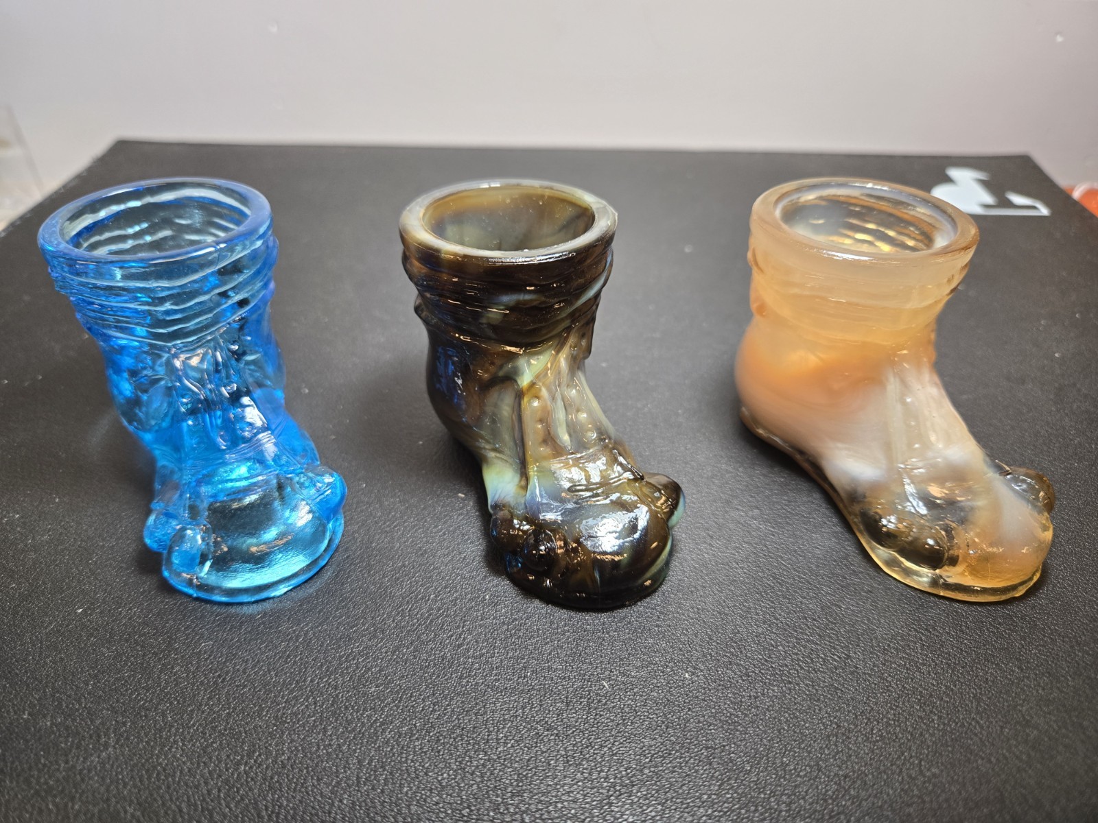Set Of 3 Vintage Degenhart Glass Boots Carmel Custard, Choc. Creme, Blue?