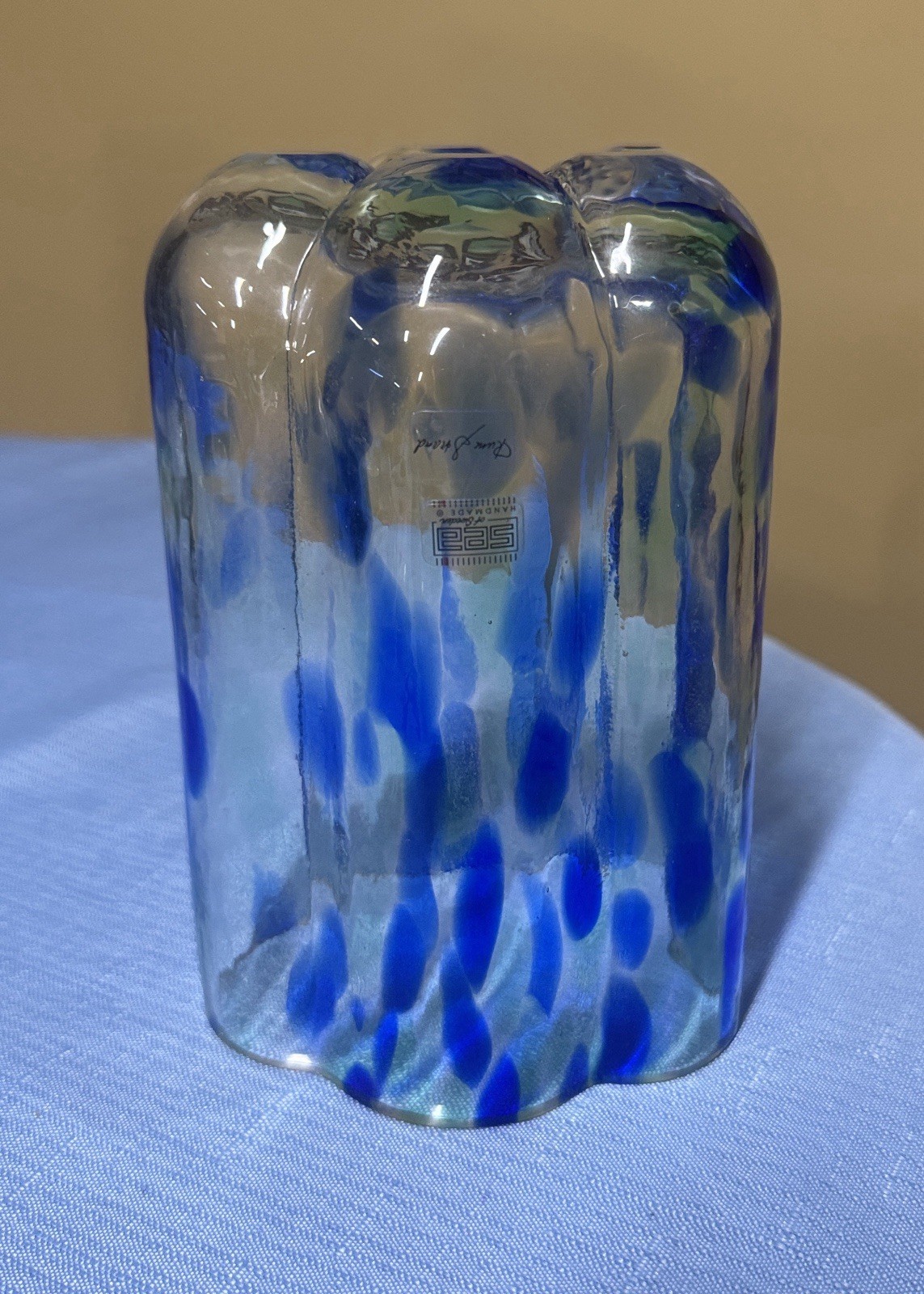 SEA of Sweden Rune Strand Handblown Blue and Green Speckled Glass Vase 6.25”