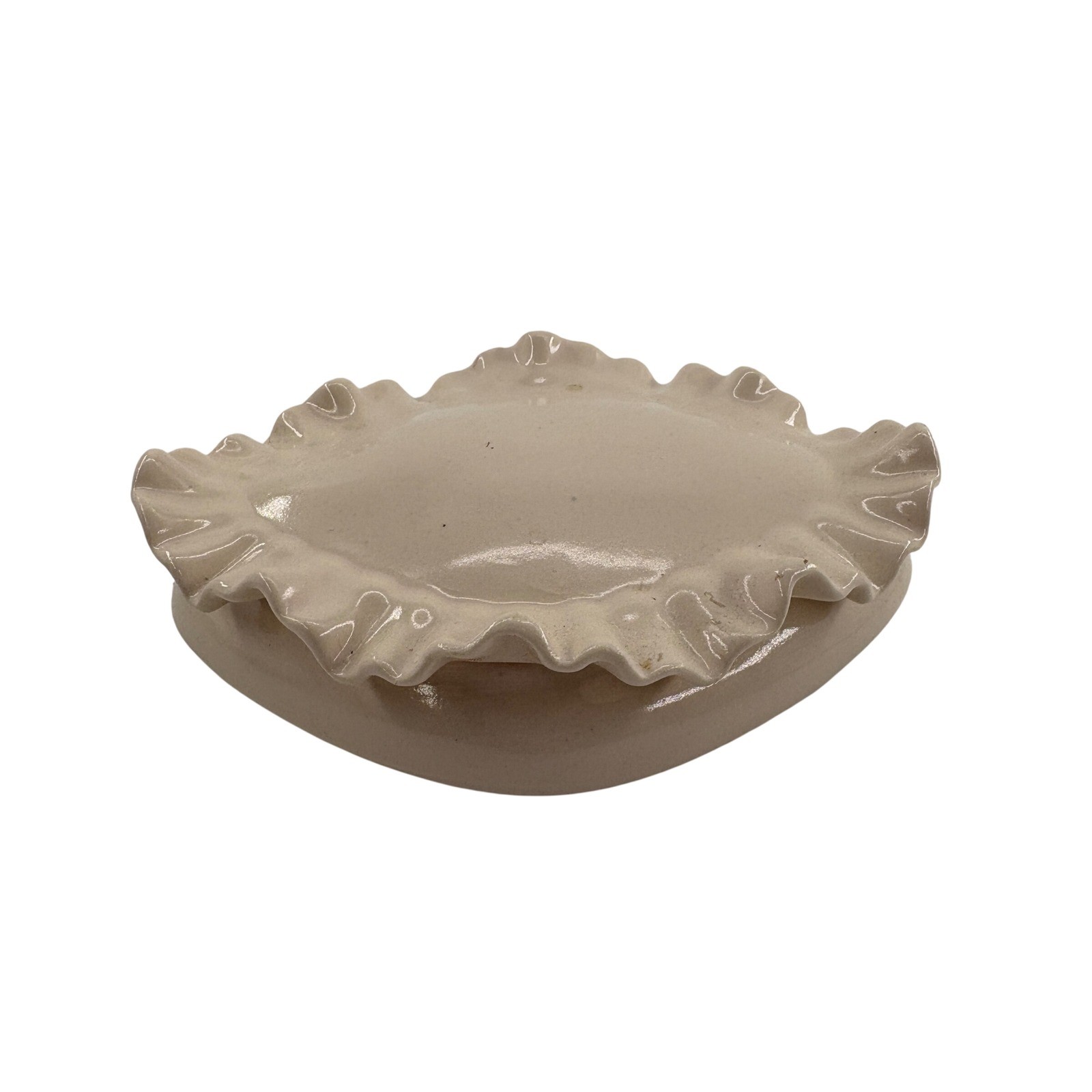 Vintage Mid-Century Pink Ceramic Diamond Trinket Box with Ruffled Lid