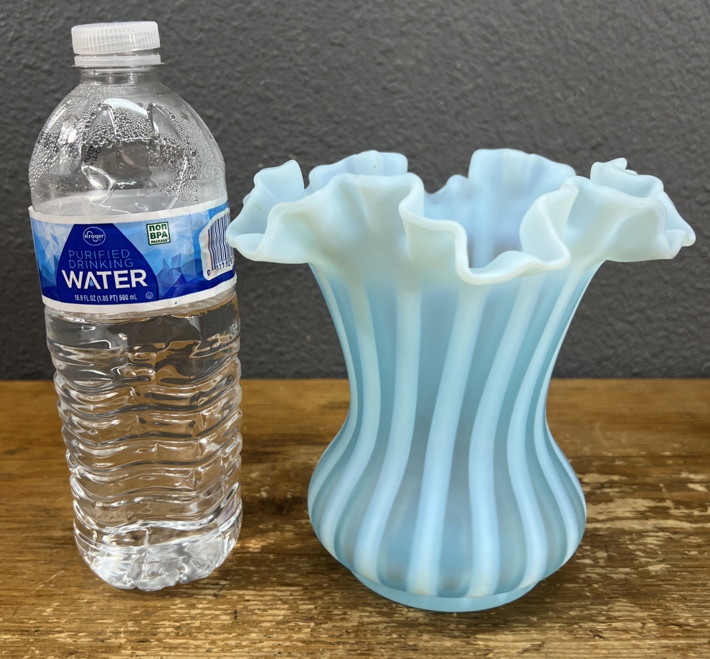 Fenton 1950’s Blue Opalescent Satin Rib Optic Striped Ruffle Rim Glass Vase