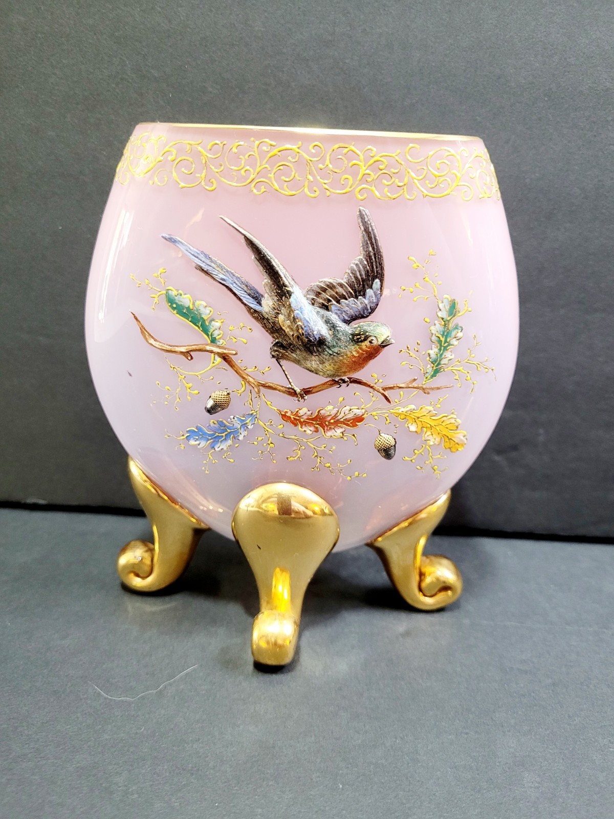 MOSER Victorian Glass Pillow Vase Pink & Gold Enamel Painted Bird & Accorns Rare