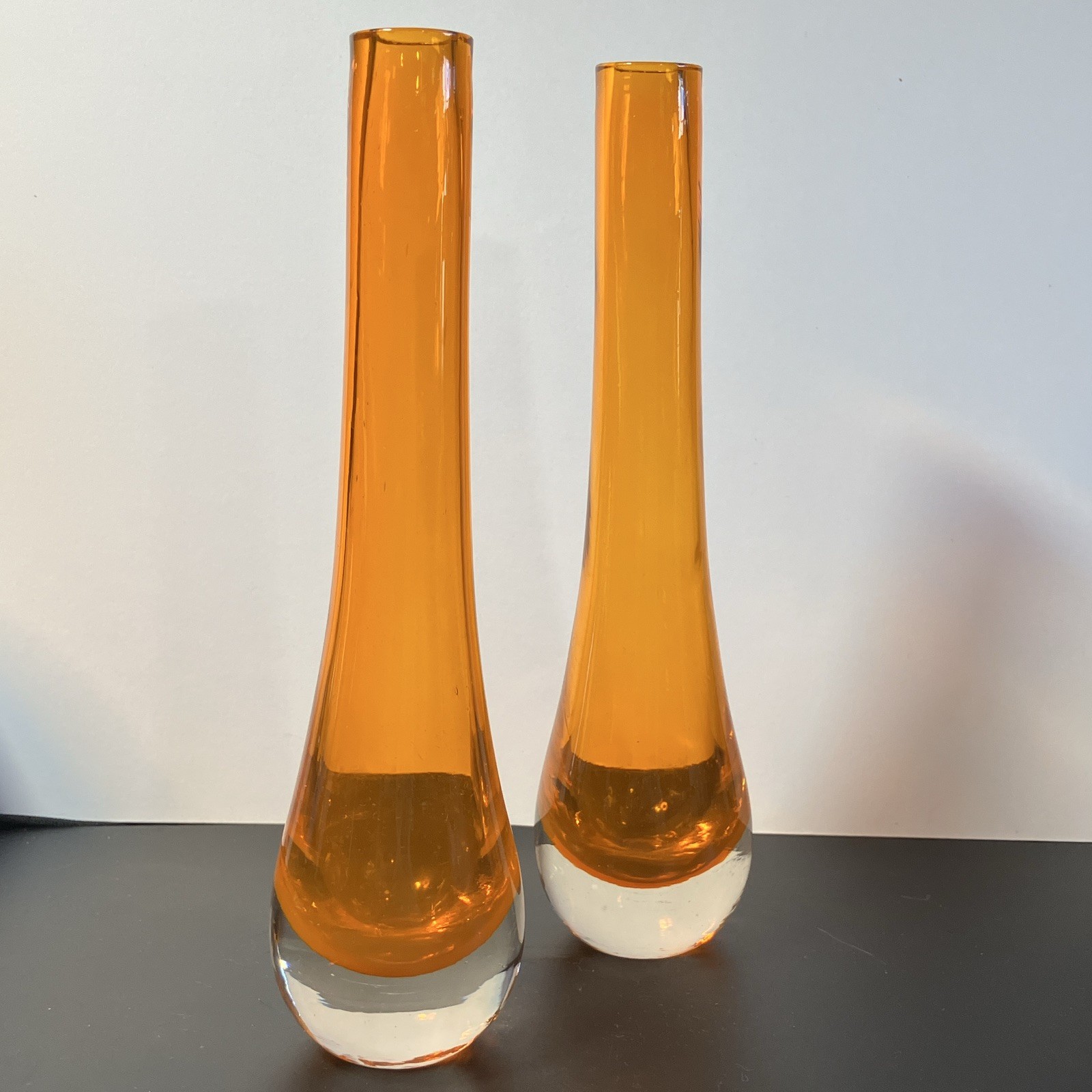 Set of 2 Orange & clear Glass Bud Vases No Pattern Decorative 10 in