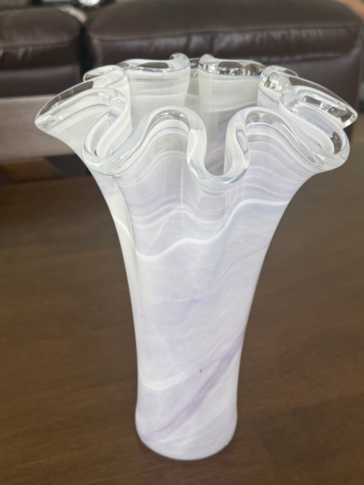 Hand Blown Art Glass Vase White Lavender Swirl Ruffled Fluted Rim 10.5 Inch