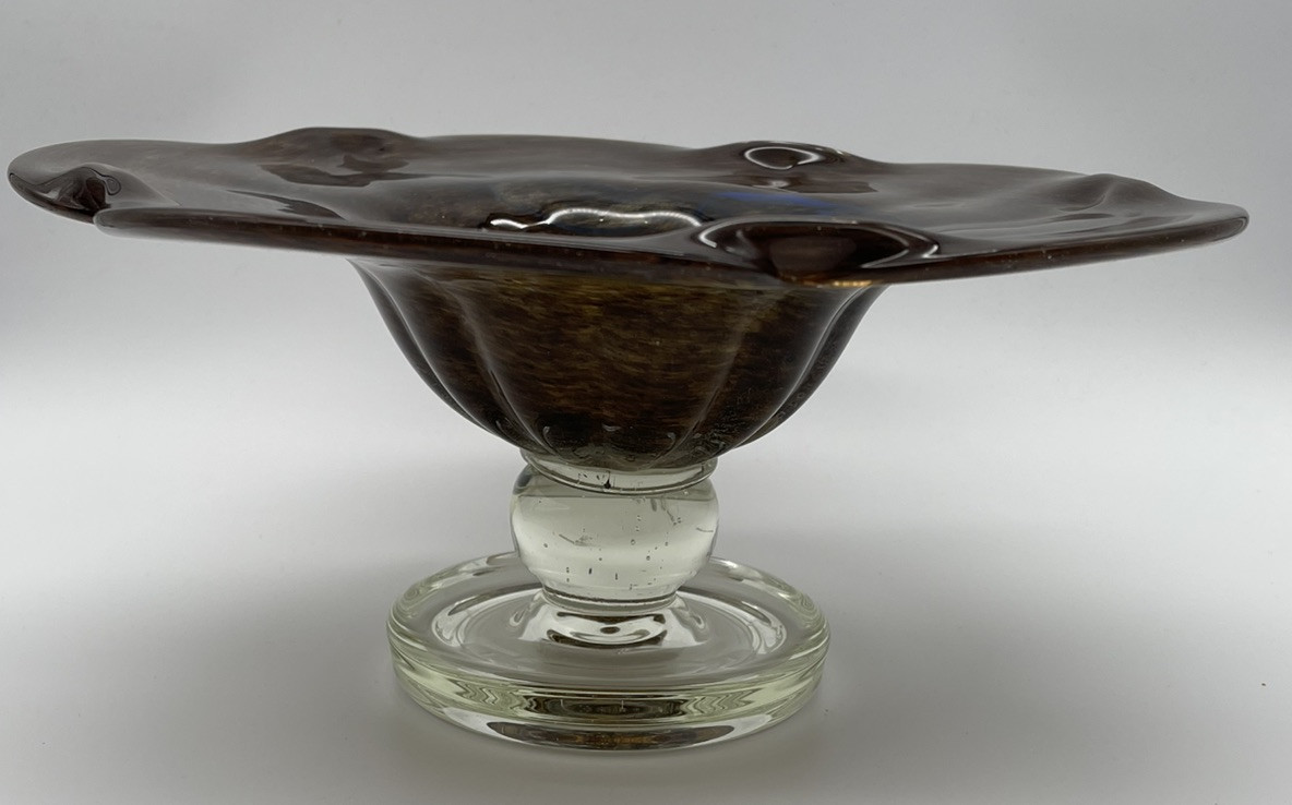 Vintage Murano Art Glass Bowl Footed Handcrafted Vase Brown RARE 11.5″ Round