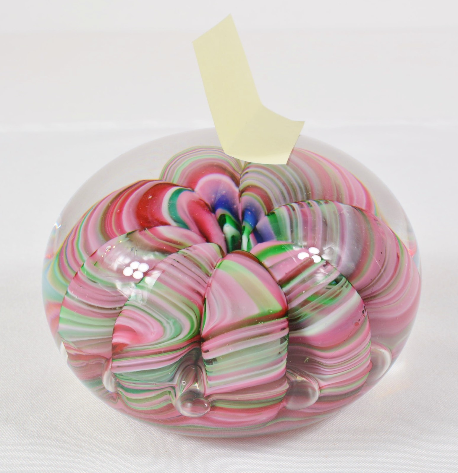Vtg Joe St Clair Large Ribbon Crimp Glass Paperweight Pink Green Swirl Bubbles