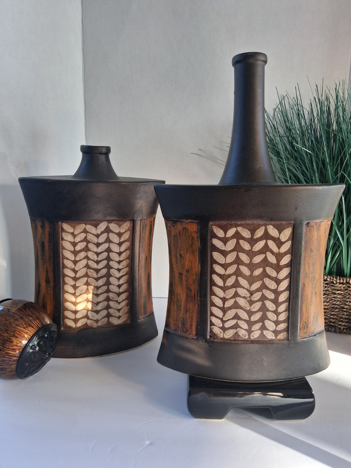 VTG! 1970’s Studio Pottery Vases; Brutalist Ebony Ceramic; Sgraffito Designs