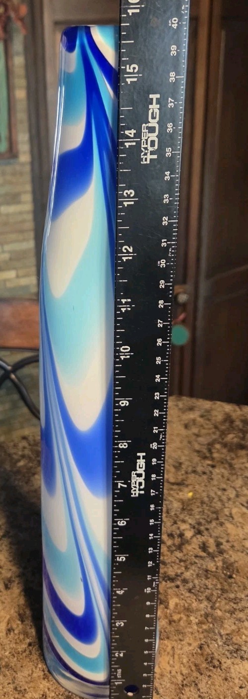 Hand Blown Art Glass Vase 15.75″ Cased Curved Cobalt Blue Tuquoise White Swirl