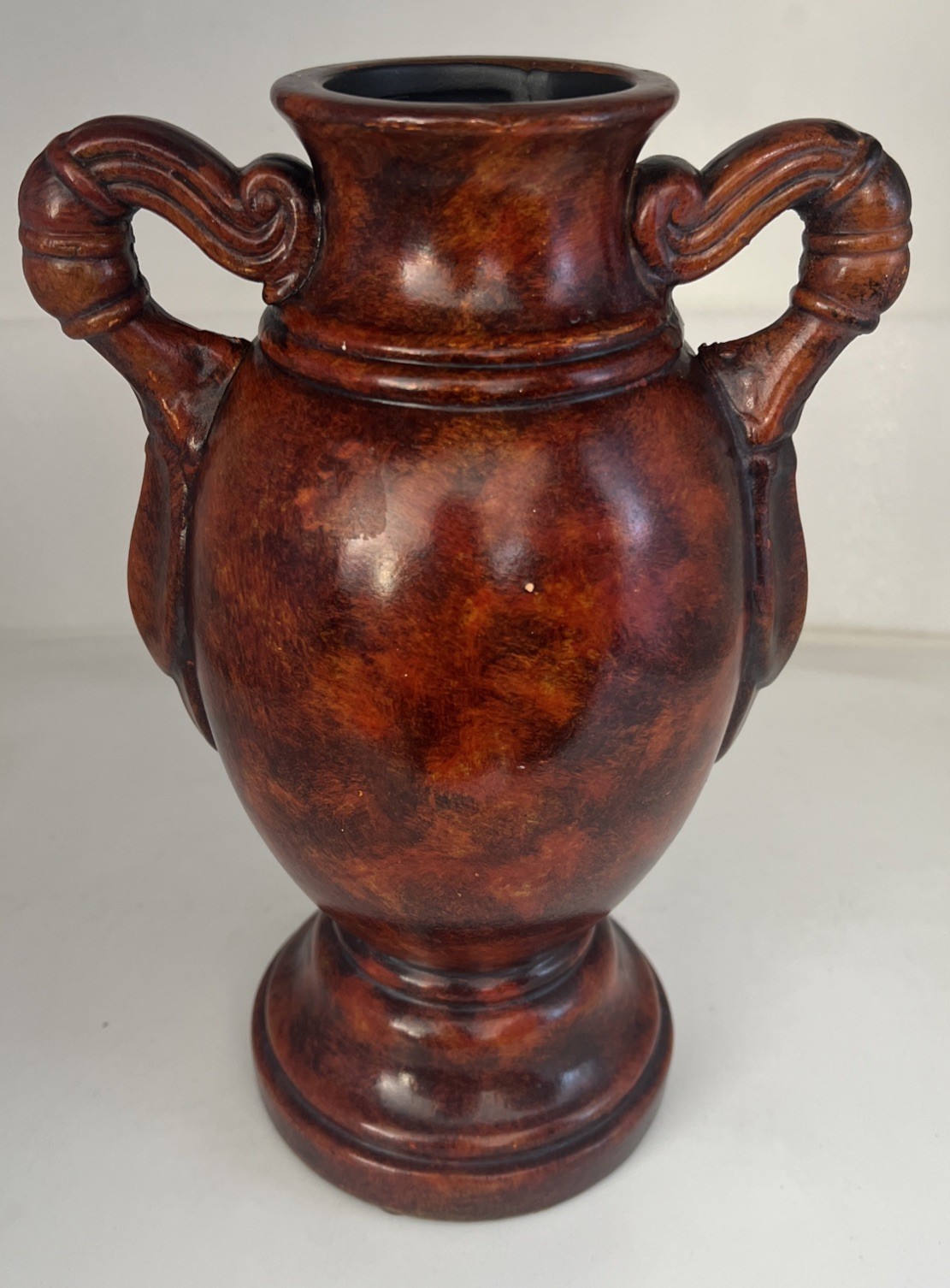 Novelty Home Decor Brown W/ Black Swirls Table Urn/Vase Ceramic 10” W/ Handles