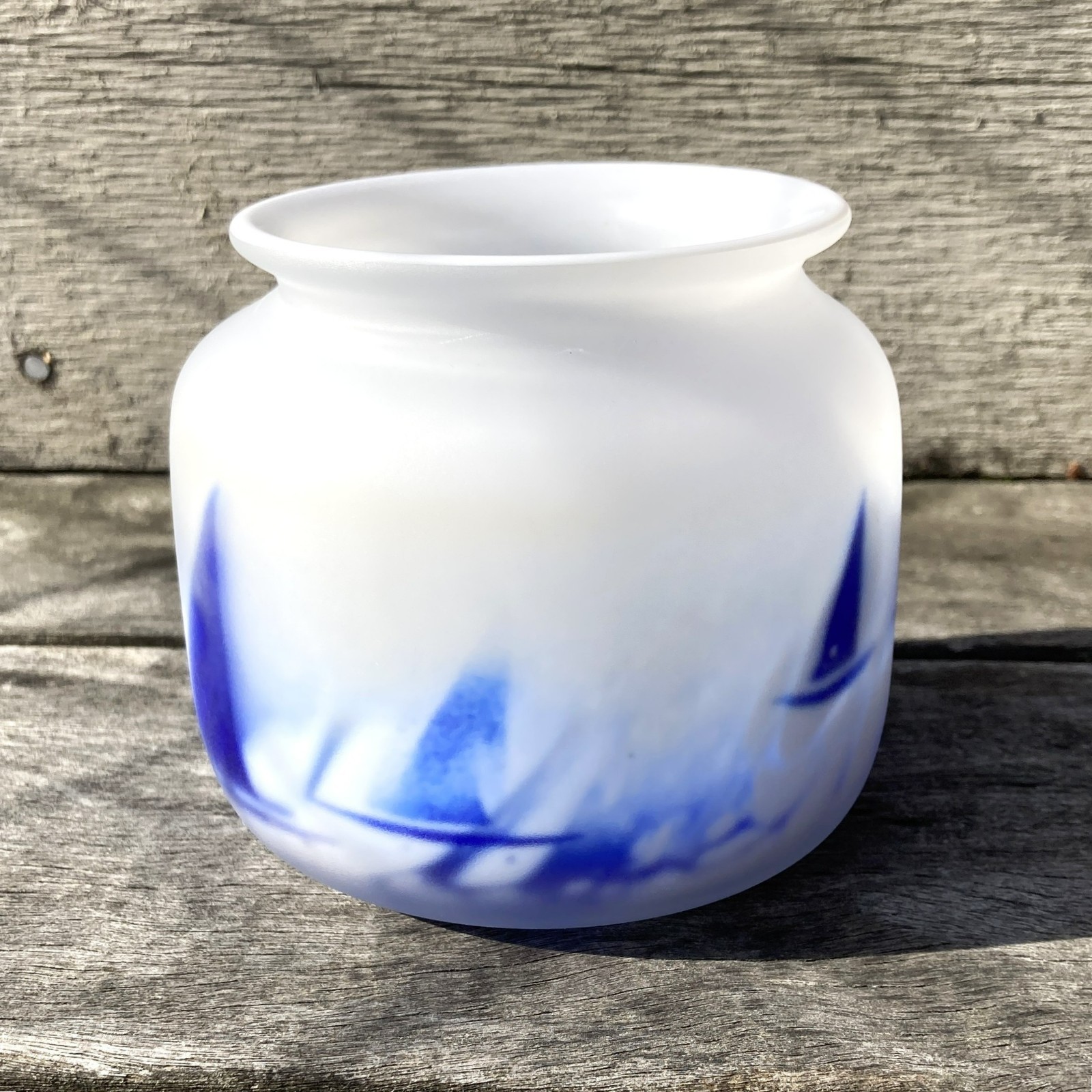 Hadeland Glassverk Frosted Art Glass Vase Norway White Blue Sailboats Signed