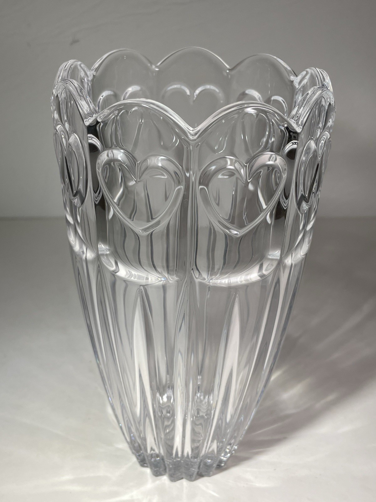 Vintage Heavy Ribbed Cut Crystal Vase Clear 7-3/8” Hearts Pattern Scalloped Rim