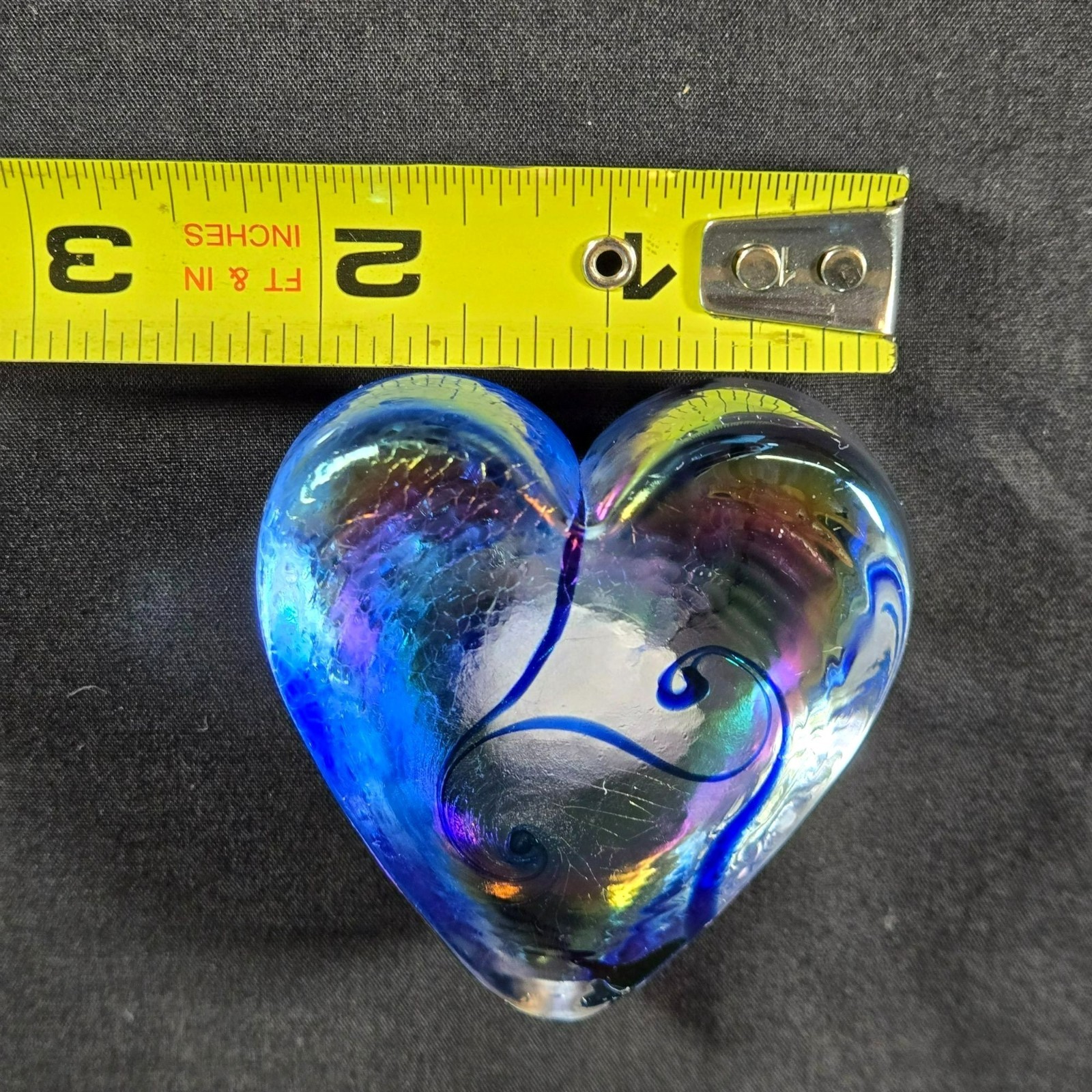 Robert Held Signed Art Glass Iridescent Swirl Heart Paperweight w Sticker Canada