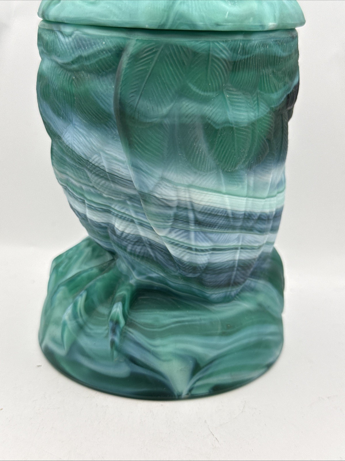 Vintage IMPERIAL SLAG GLASS OWL GREEN JADE SATIN COVERED JAR 6 1/2″ Marked IG