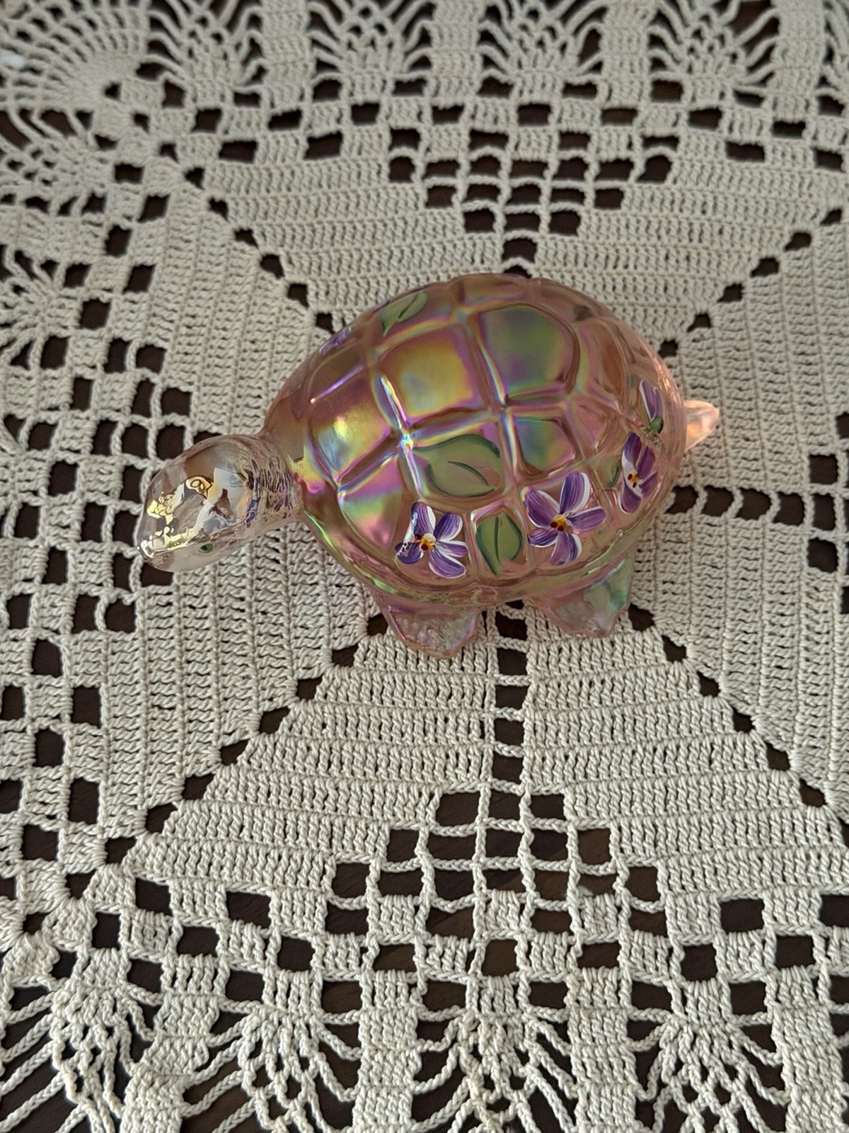 Fenton Lenox Sunset Pink Iridescent Hand Painted Turtle Figurine J Powell