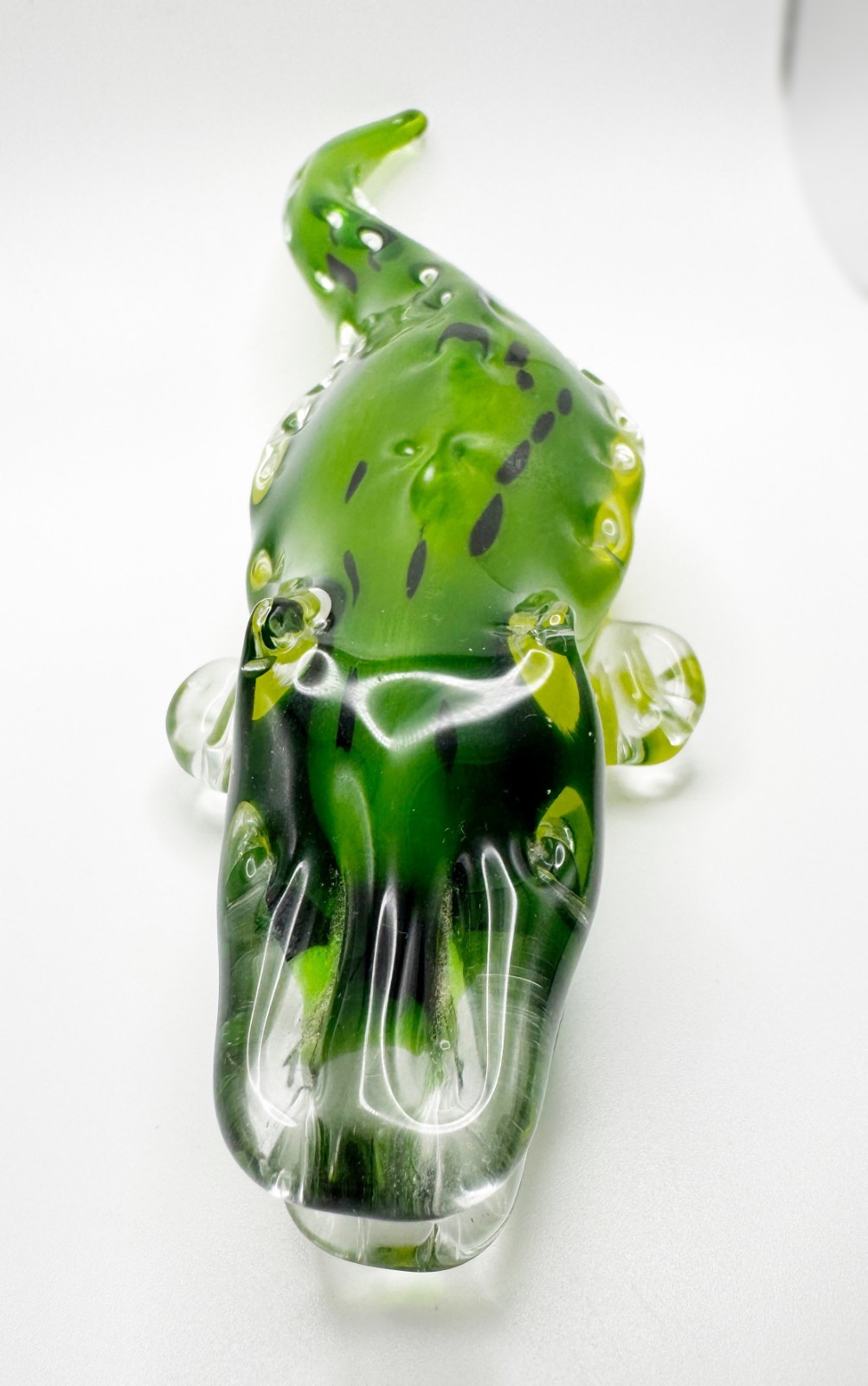 Crocodile Alligator Art Glass Figurine 12″ Hand Blown Green w Yellow w Clear