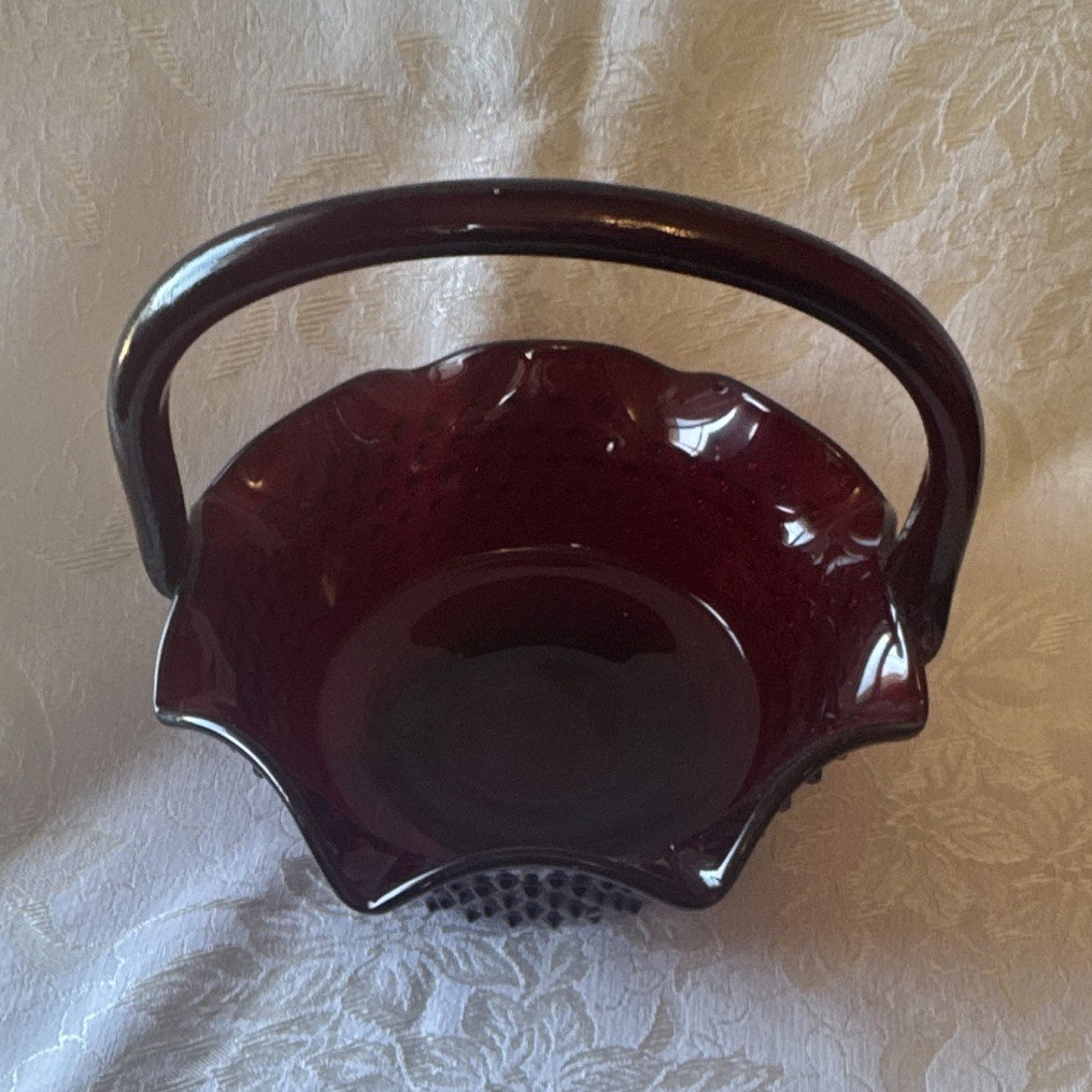 Red Art Glass Hobnail Round Handled Basket Scalloped Rim 7x7x7 in
