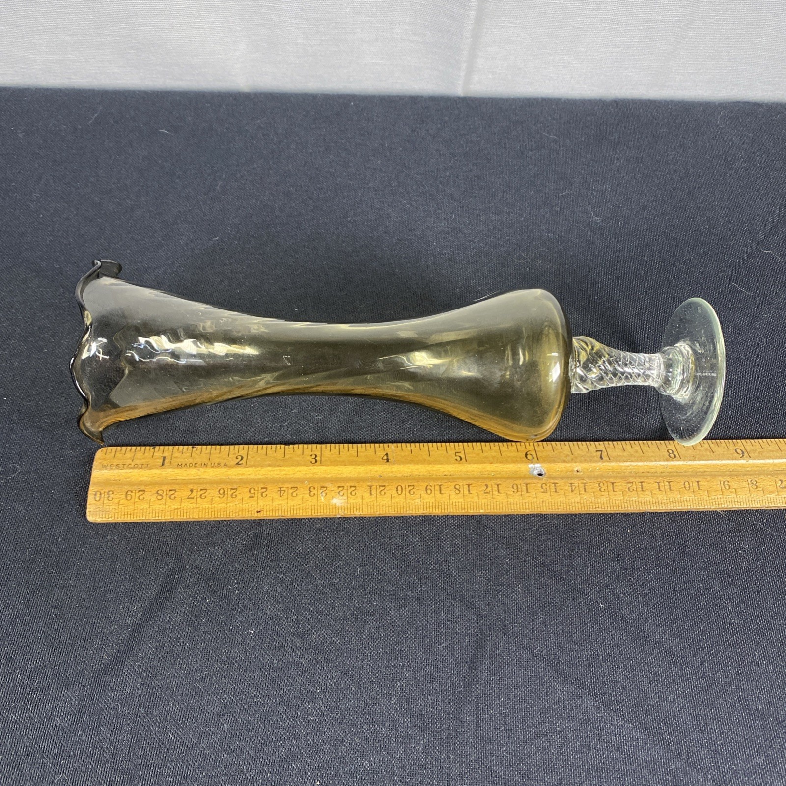 Vintage 8” Smoky Olive Fluted Glass Bud Vase Scalloped Rim Twisted Spun Stem MCM