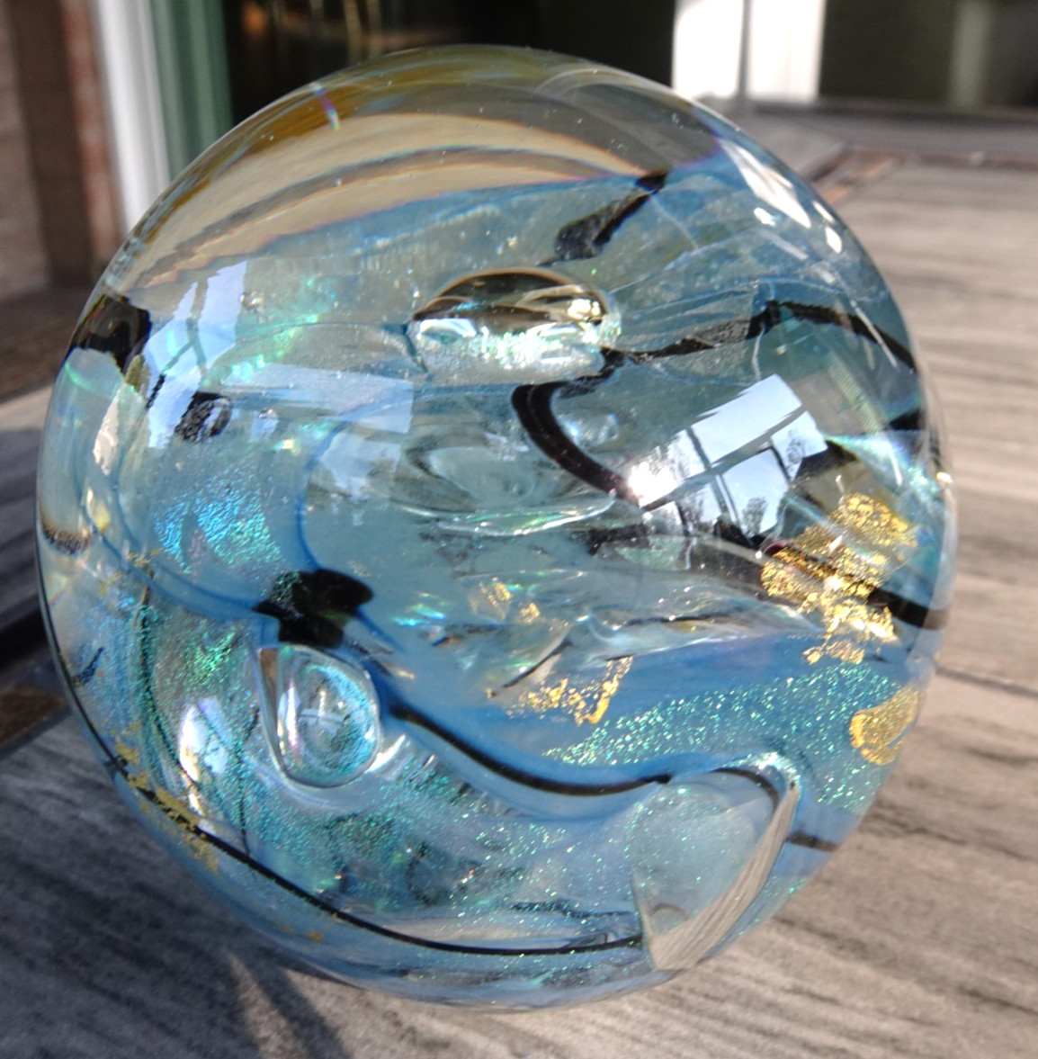 Signed Tim Lazer 2000 Studio Art Glass Dichroic Patterns Paperweight 3.3″