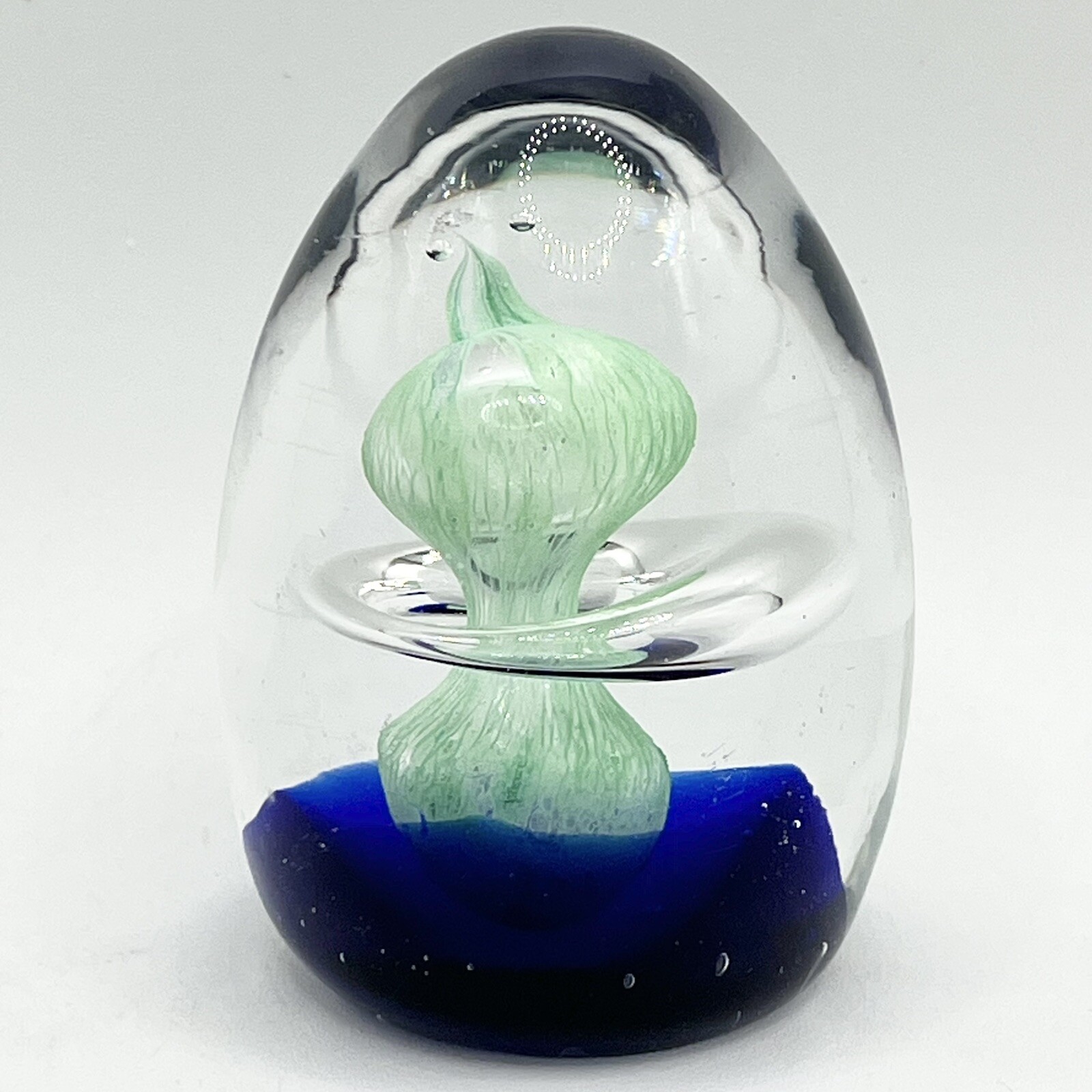 Vintage Art Glass Paperweight Egg Shape Green Alien Cobalt Blue 2.75”(H) 2”(Dia)