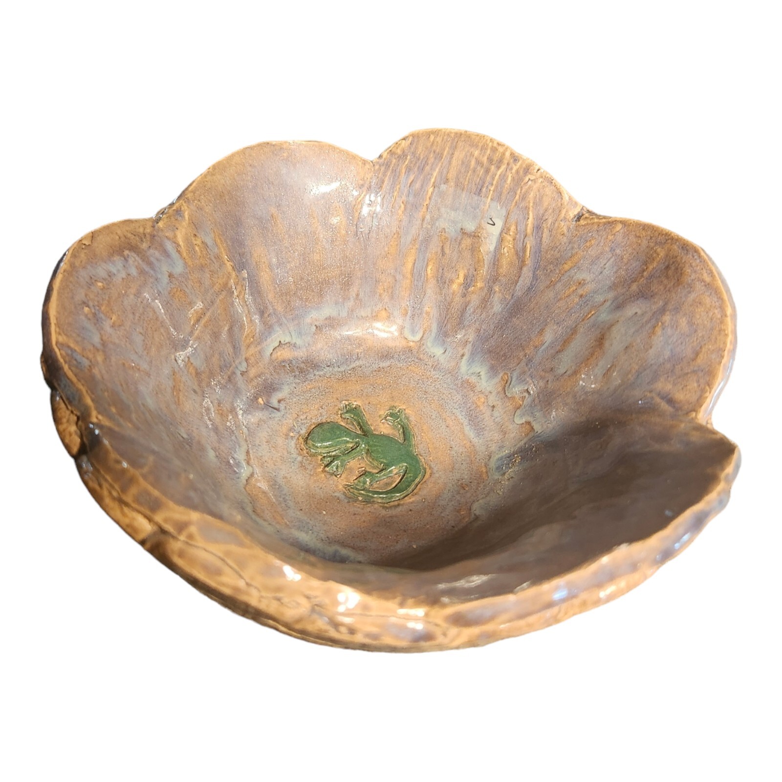 Studio Art Pottery Lizard Bowl 7″W Planter Glazed Green Brown Purple Blue Read