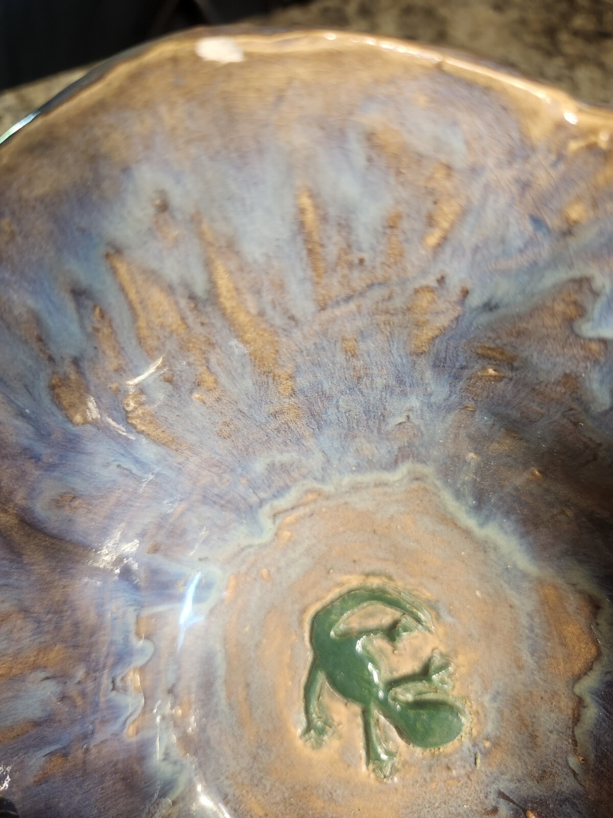 Studio Art Pottery Lizard Bowl 7″W Planter Glazed Green Brown Purple Blue Read