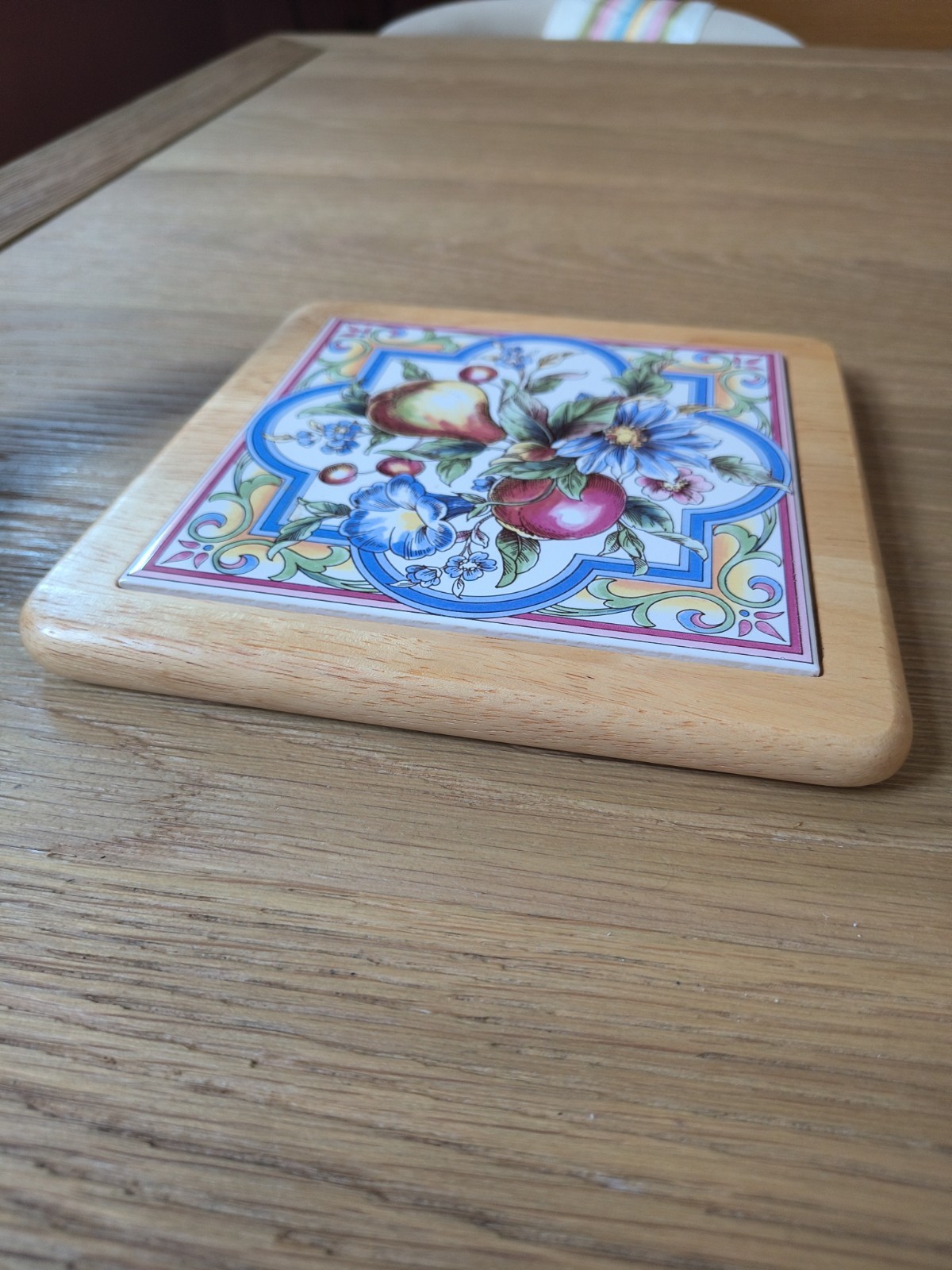 Vintage Ter Steege Holland Framed Ceramic Tile Plaque Trivet Fruit Floral 7 3/8″