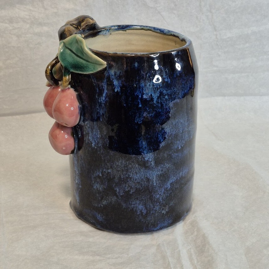 Cylindar Vintage Shiwan Stoneware Inspired Brush Pot Vase Handbuilt 3-D Fruit