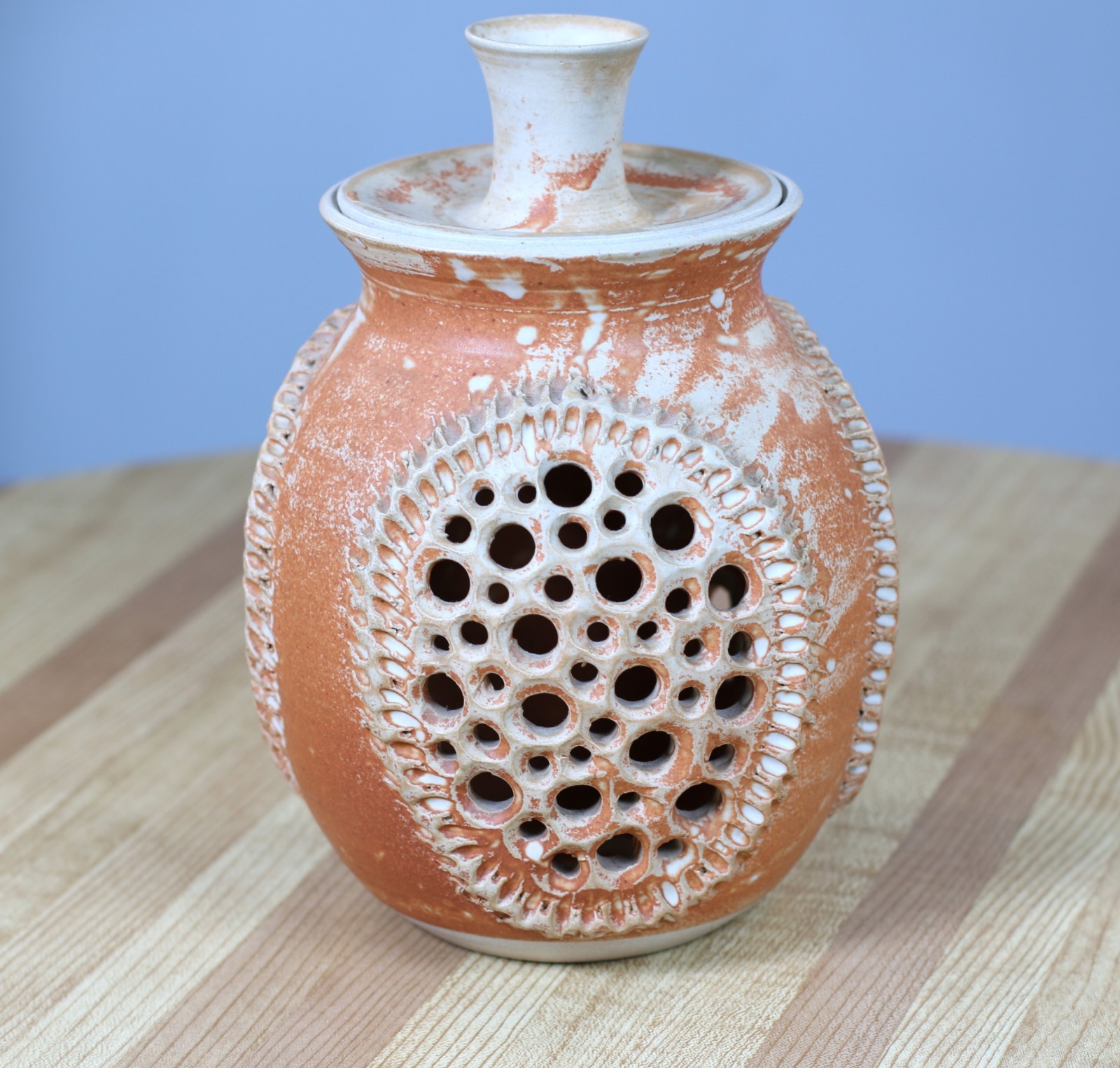 Art Pottery Candle Holder Votive Vtg Table Lantern Terra Cotta Finish Signed