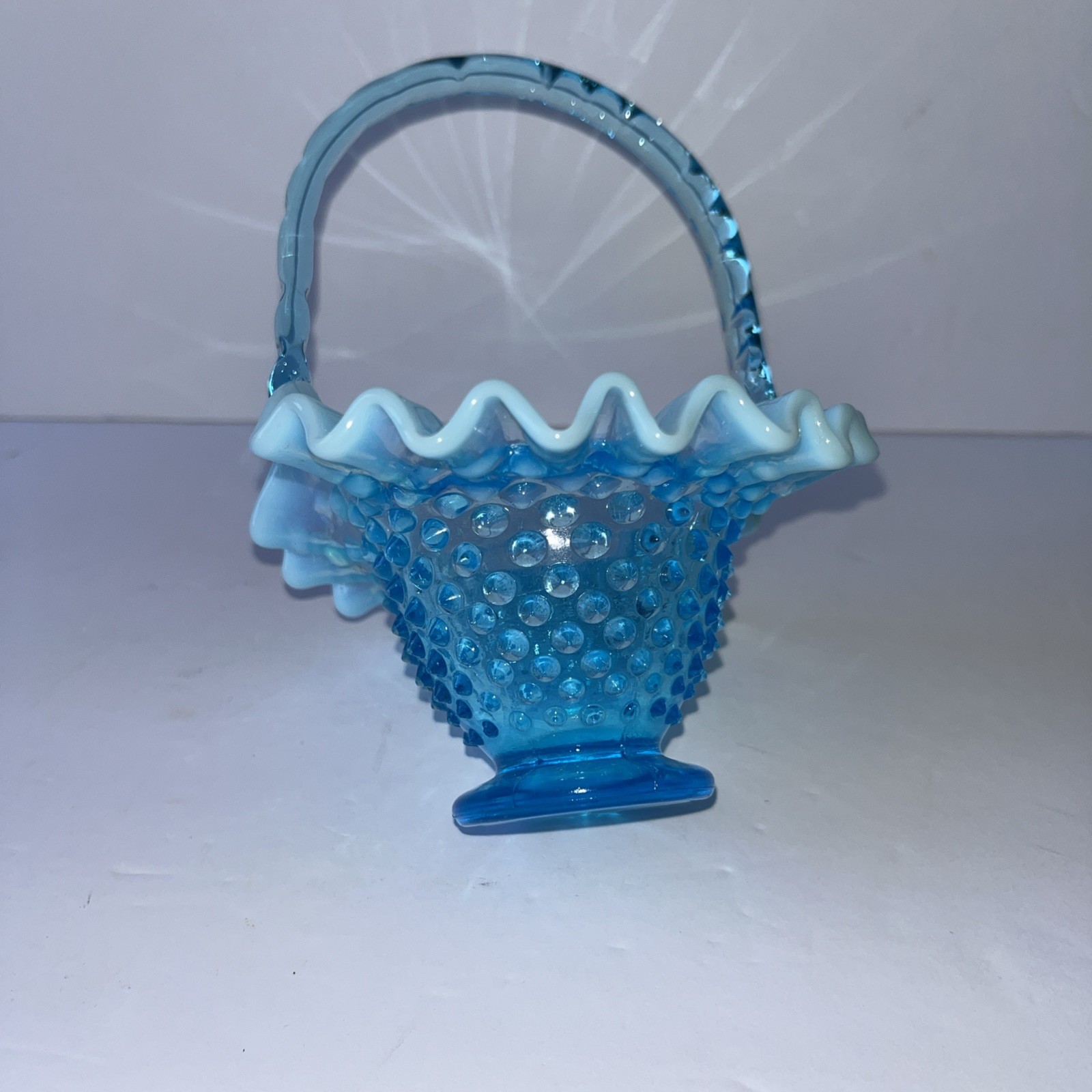 Vintage Fenton Blue Opalescent Hobnail Glass Basket 6.5” Tall