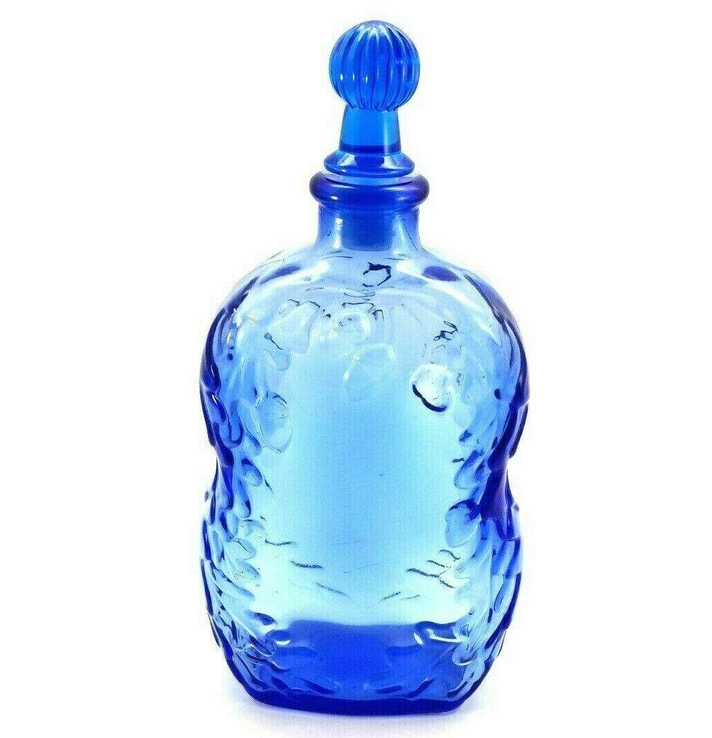 Cobalt Blue Bottle with Plastic Stopper Embossed with Acorns Leaves CANADA