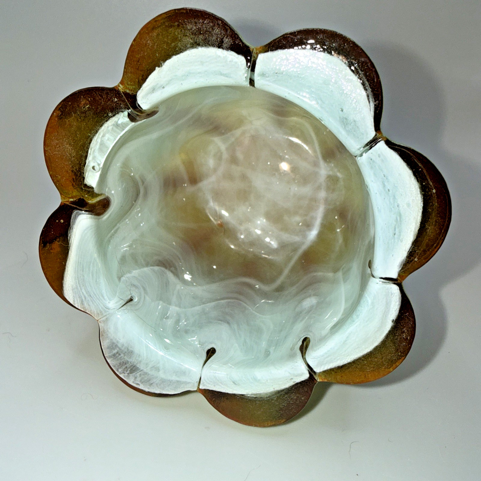 Heavy Glass Candle Votive Light Blue Amber Swirl Scalloped 87F-1750W