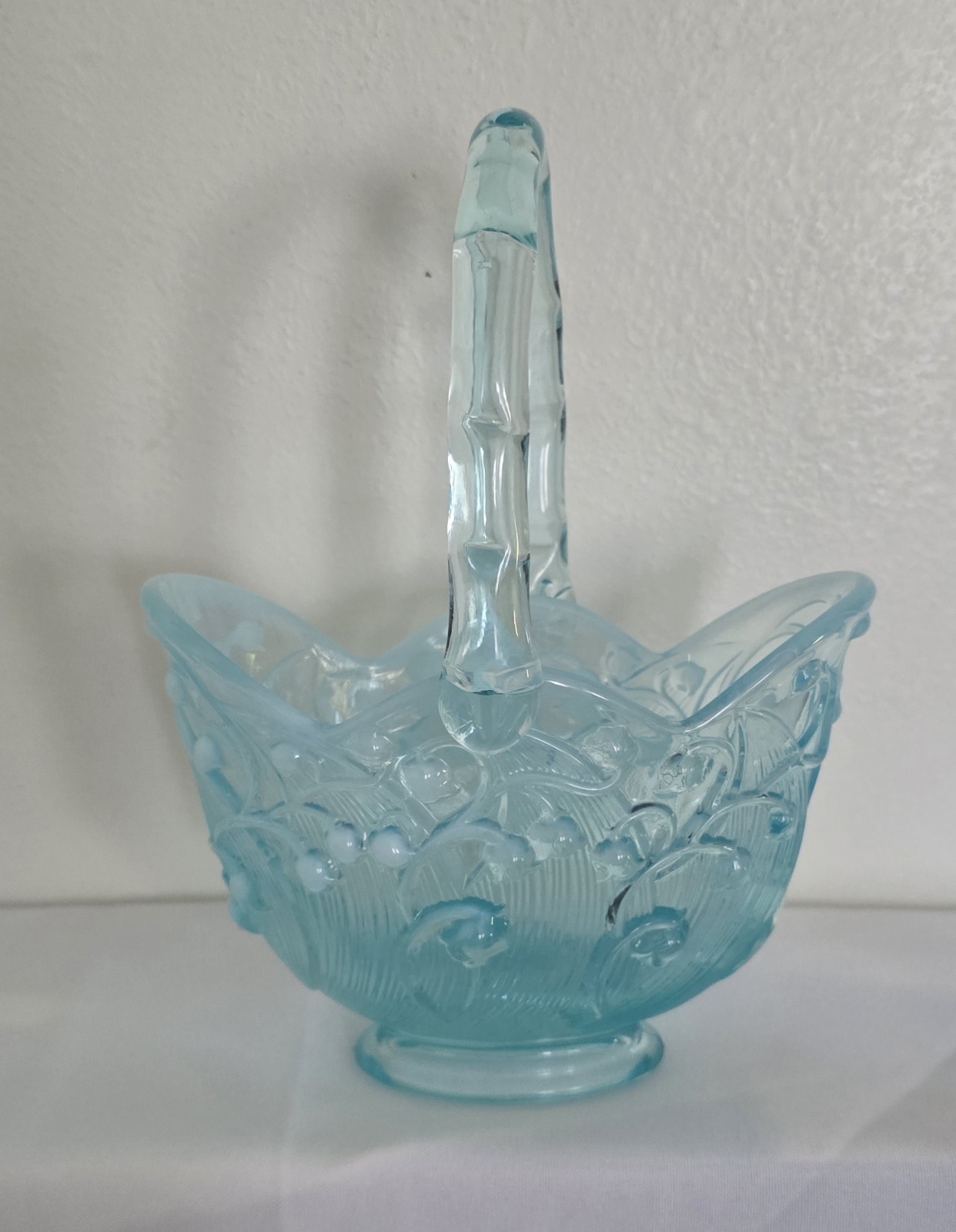 Fenton Aqua Blue Opalescent Lily of the Valley Glass Basket 6″