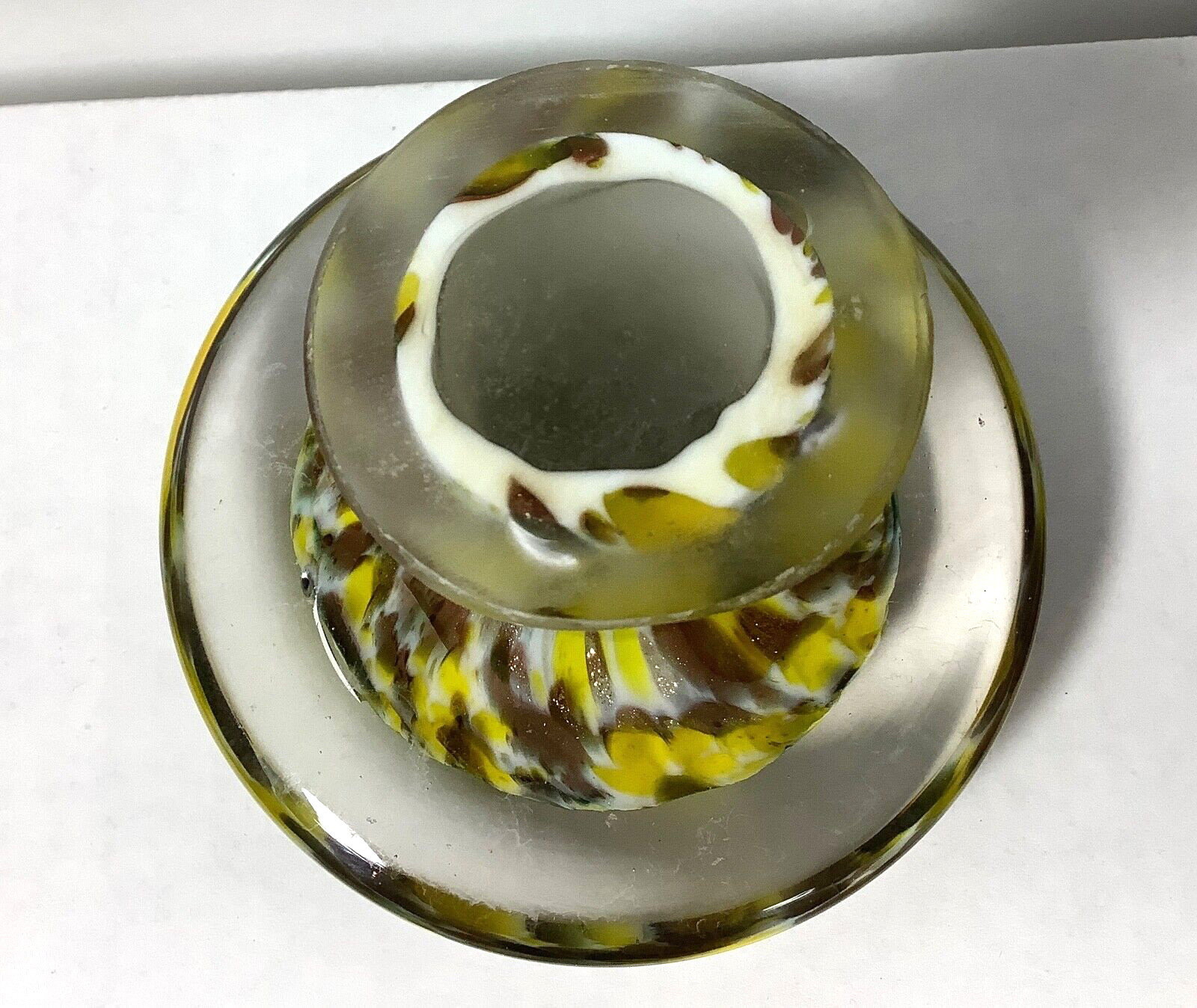 Yellow White &Brown Swirl Glass Mushroom Paperweight 3” Possibly Murano